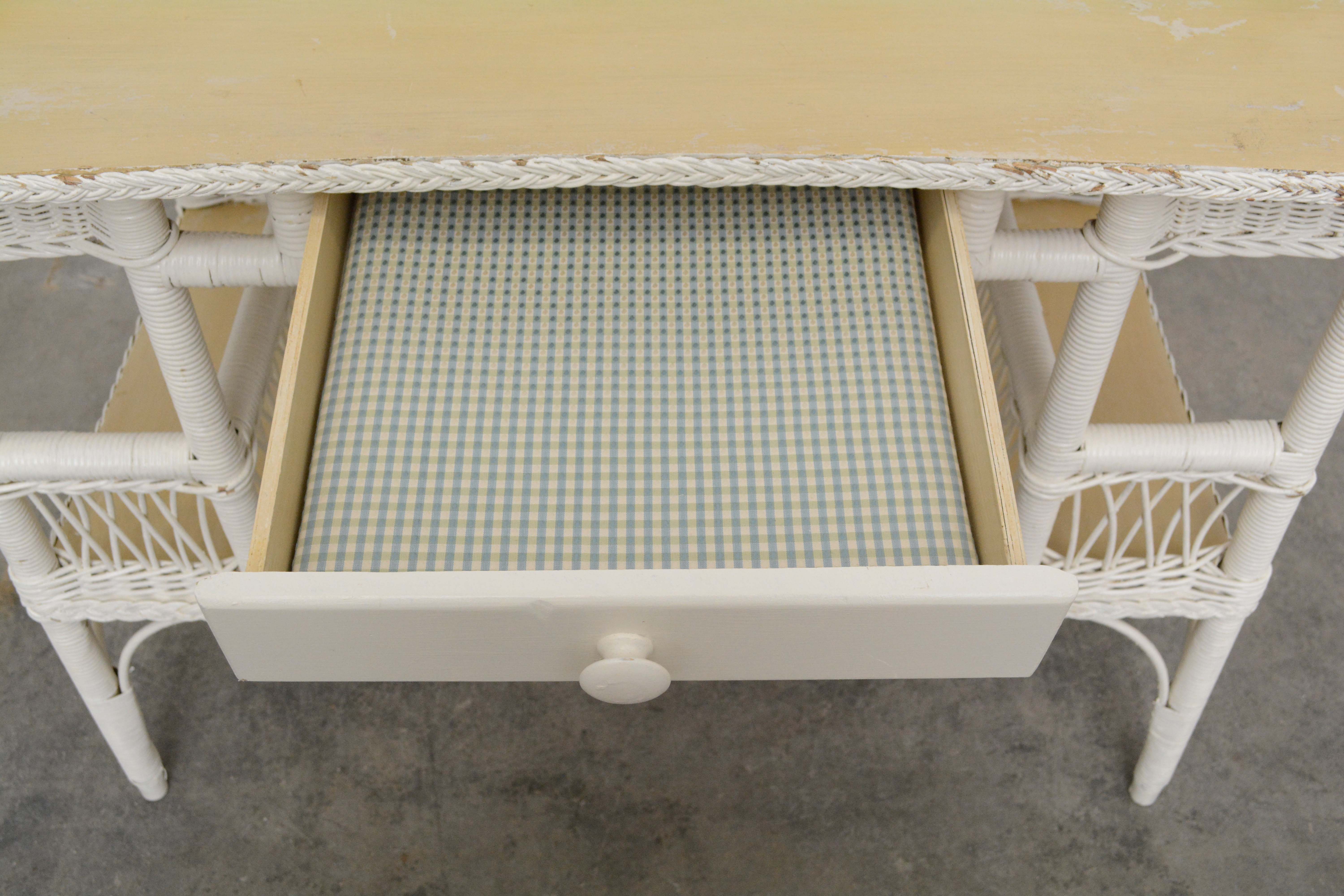 Painted Wicker Weave Desk or Vanity Table with Chair, 20th Century