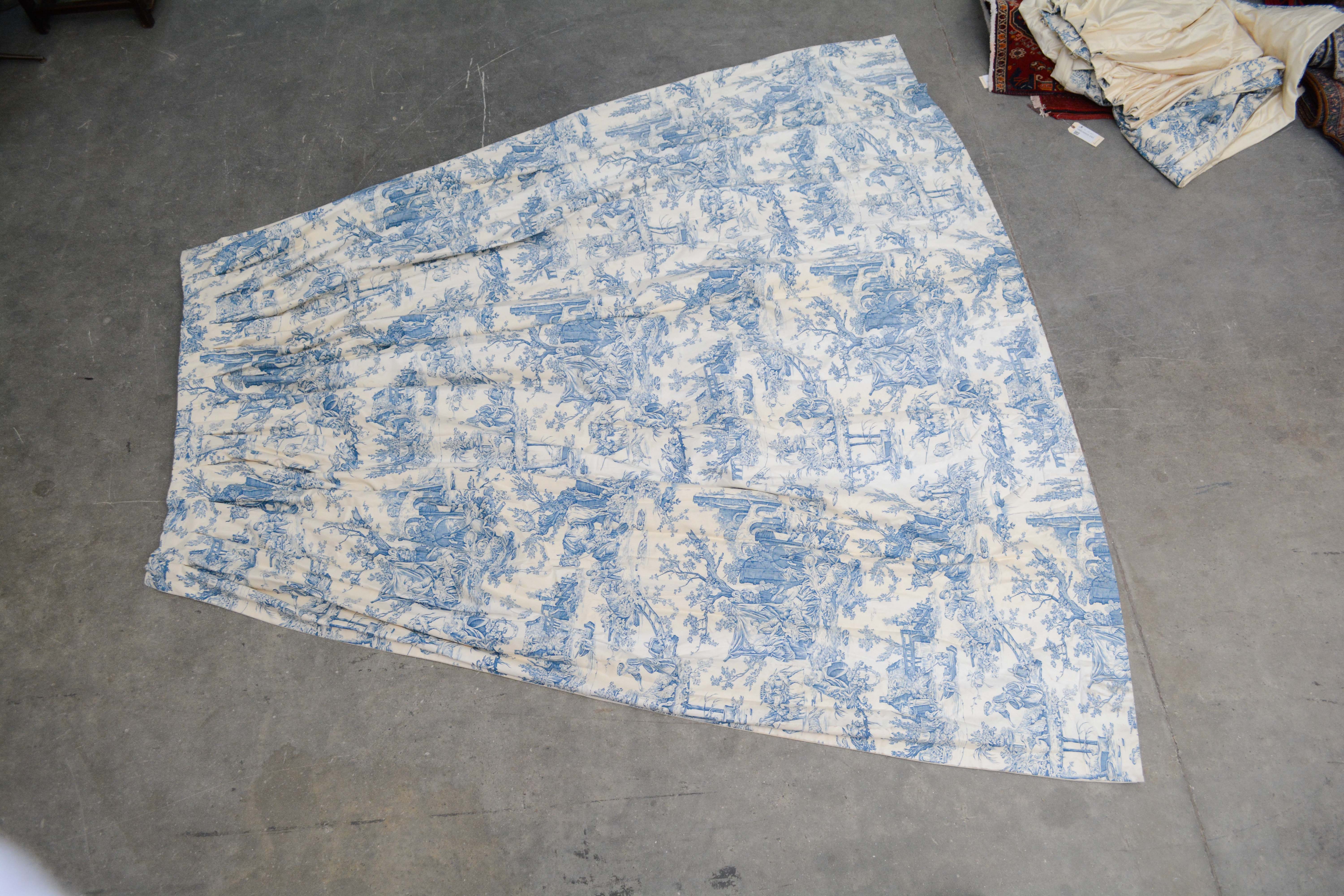 Blue and White Toile Pastoral Lined Curtain Panels