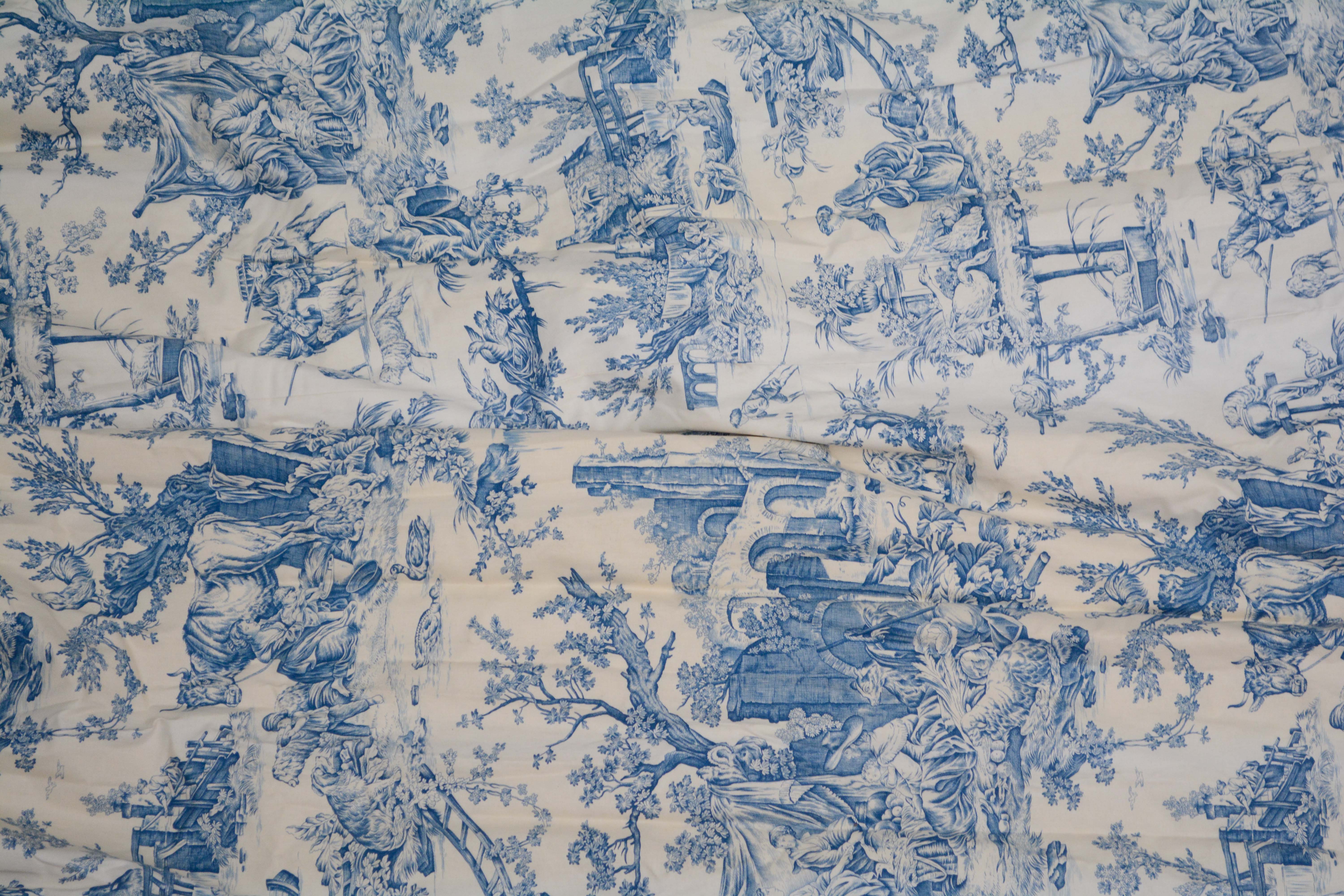 Blue and White Toile Pastoral Lined Curtain Panels