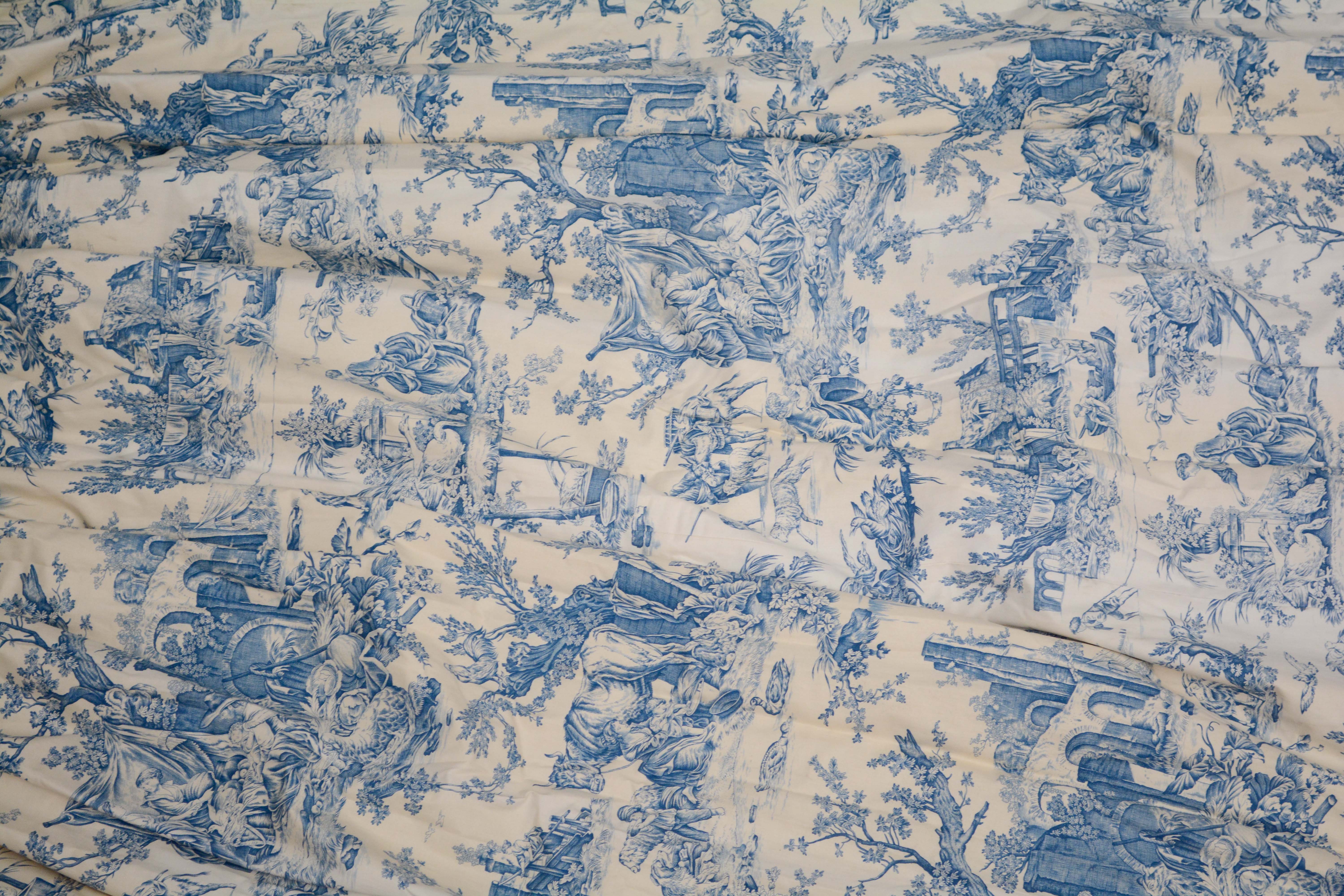 Blue and White Toile Pastoral Lined Curtain Panels