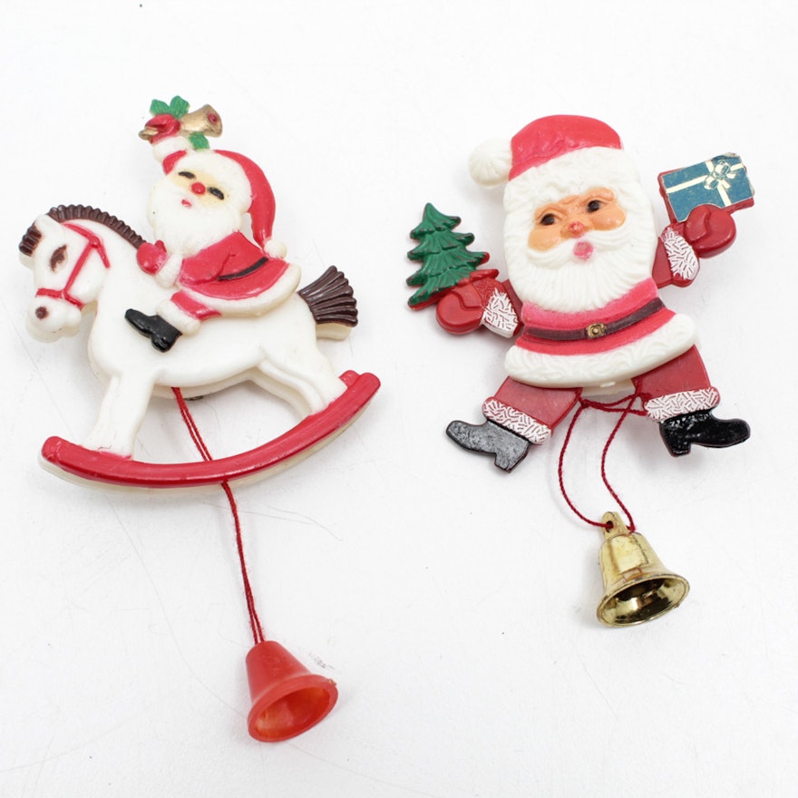 Two Vintage Santa Brooches with Pull Strings