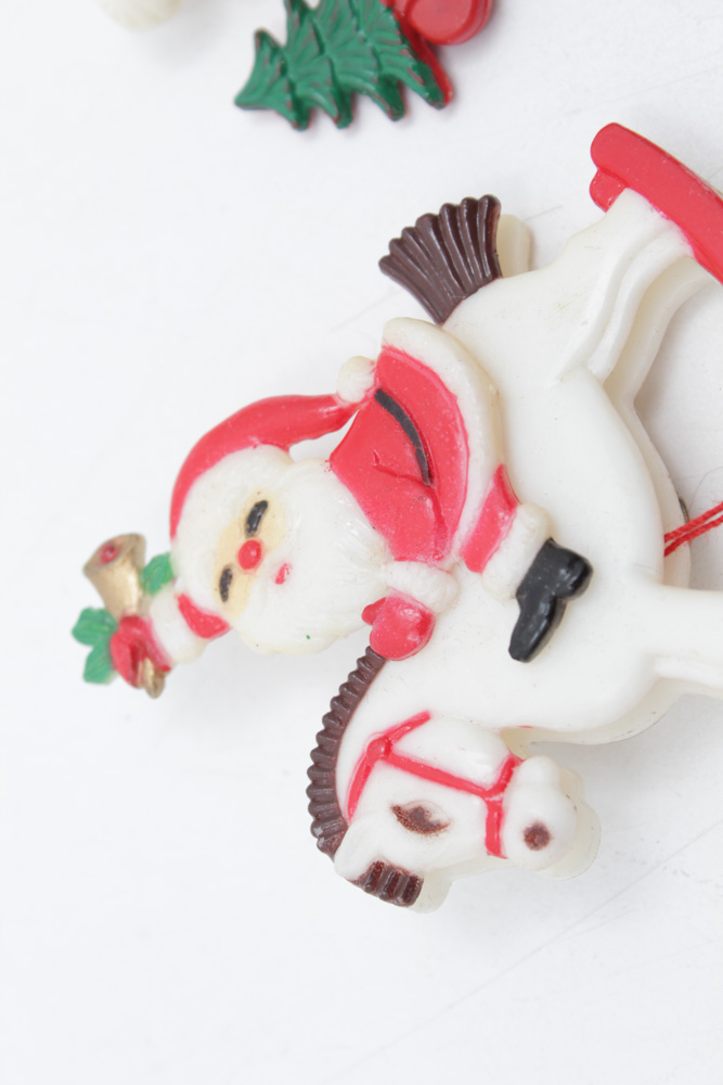 Two Vintage Santa Brooches with Pull Strings