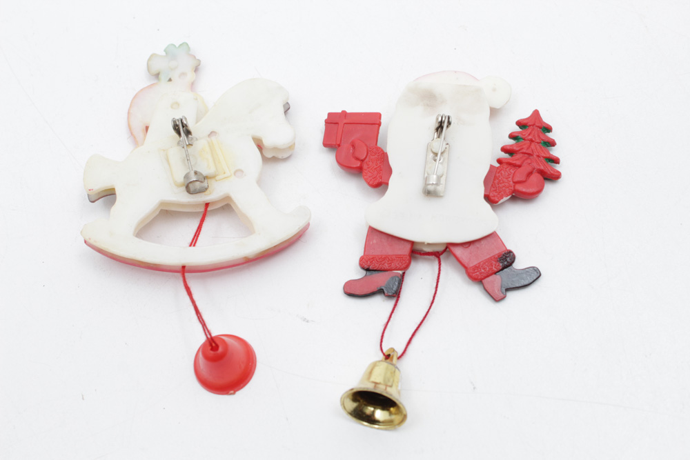 Two Vintage Santa Brooches with Pull Strings