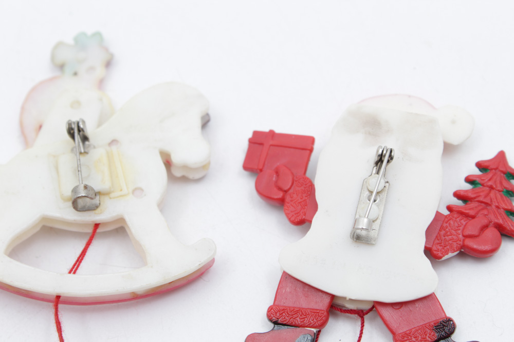 Two Vintage Santa Brooches with Pull Strings
