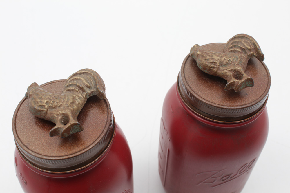 Rustic Painted Ball Jar Bookends with Roosters