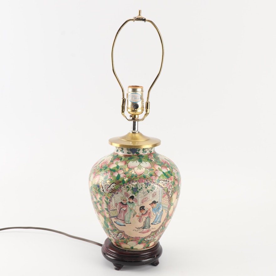 Hand-Painted Chinoiserie Porcelain Jar Table Lamp with Wooden Base