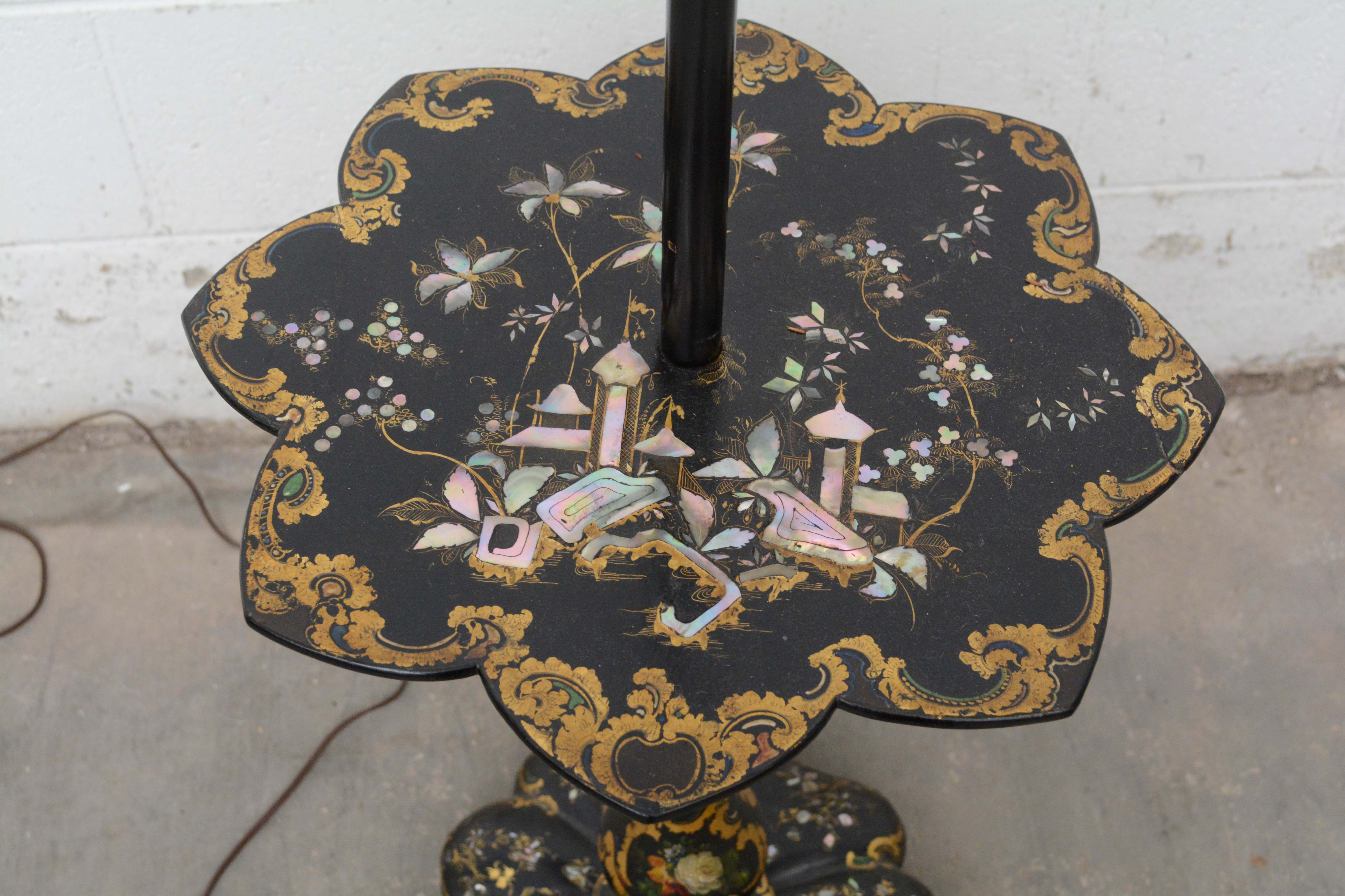Antique Chinoiserie Gilt and Abalone Inlay Hand Decorated Japanned Floor Lamp