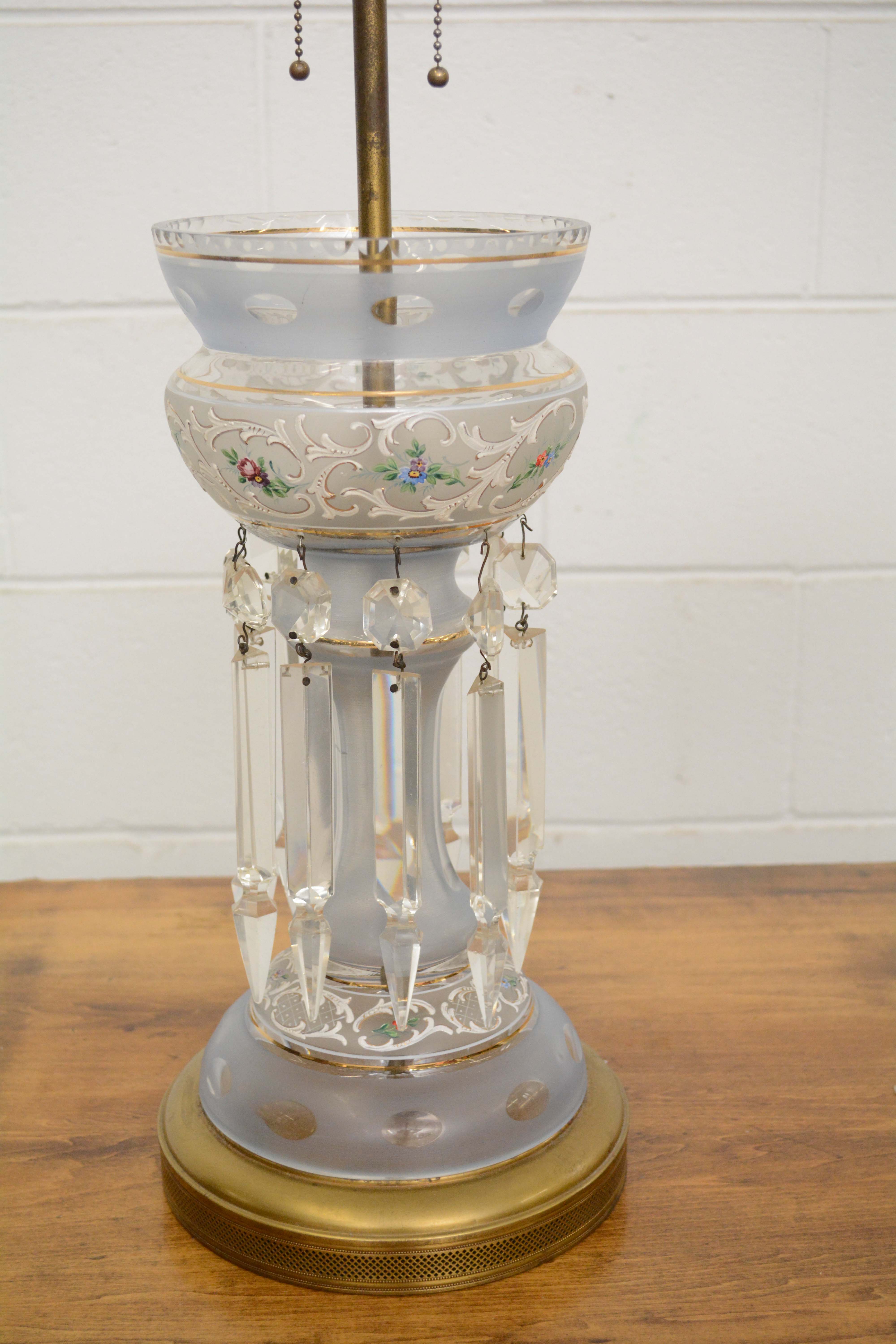 Converted Hand Decorated Glass Mantel Lustre Table Lamps with Crystal Prisms