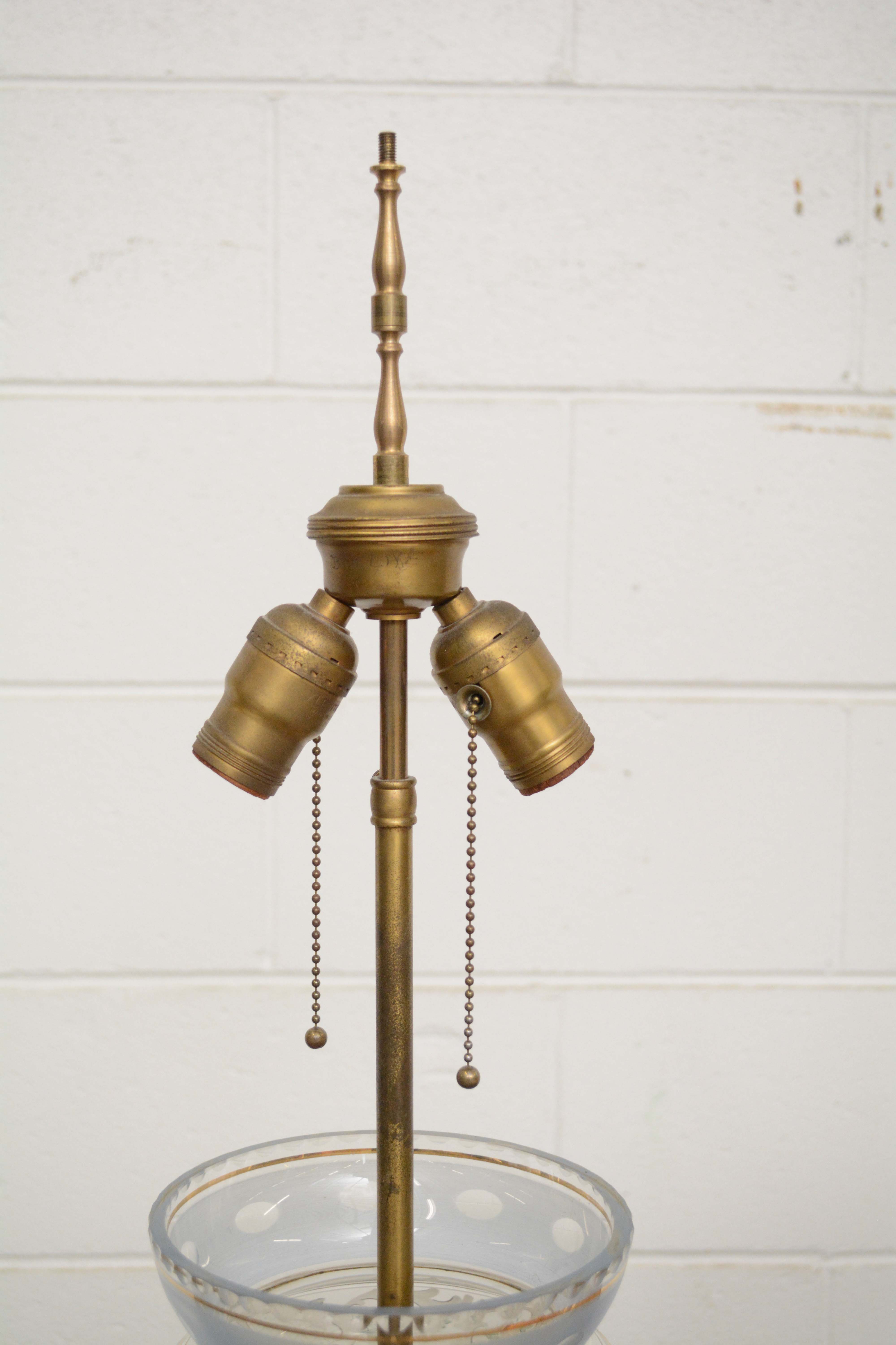 Converted Hand Decorated Glass Mantel Lustre Table Lamps with Crystal Prisms
