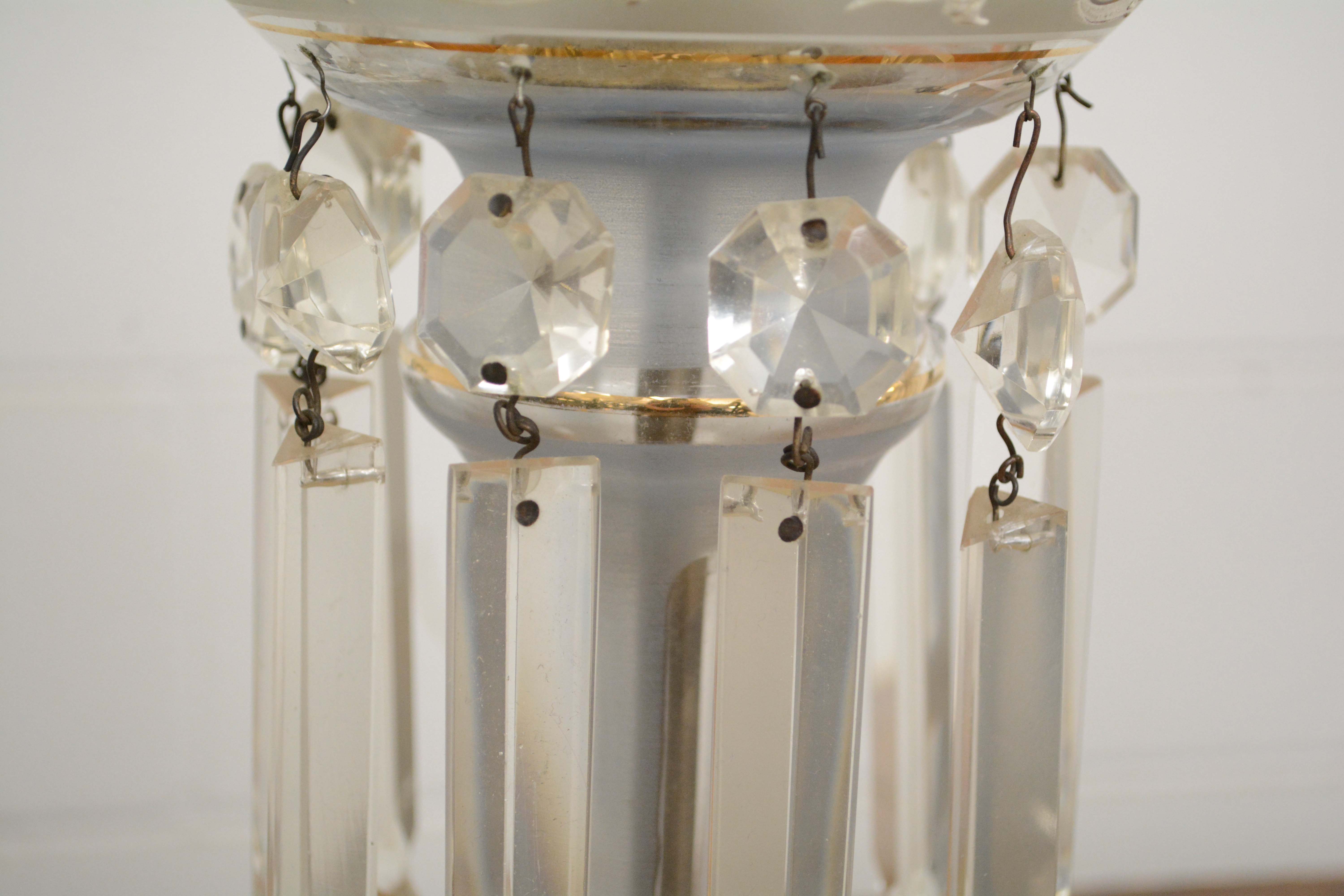 Converted Hand Decorated Glass Mantel Lustre Table Lamps with Crystal Prisms