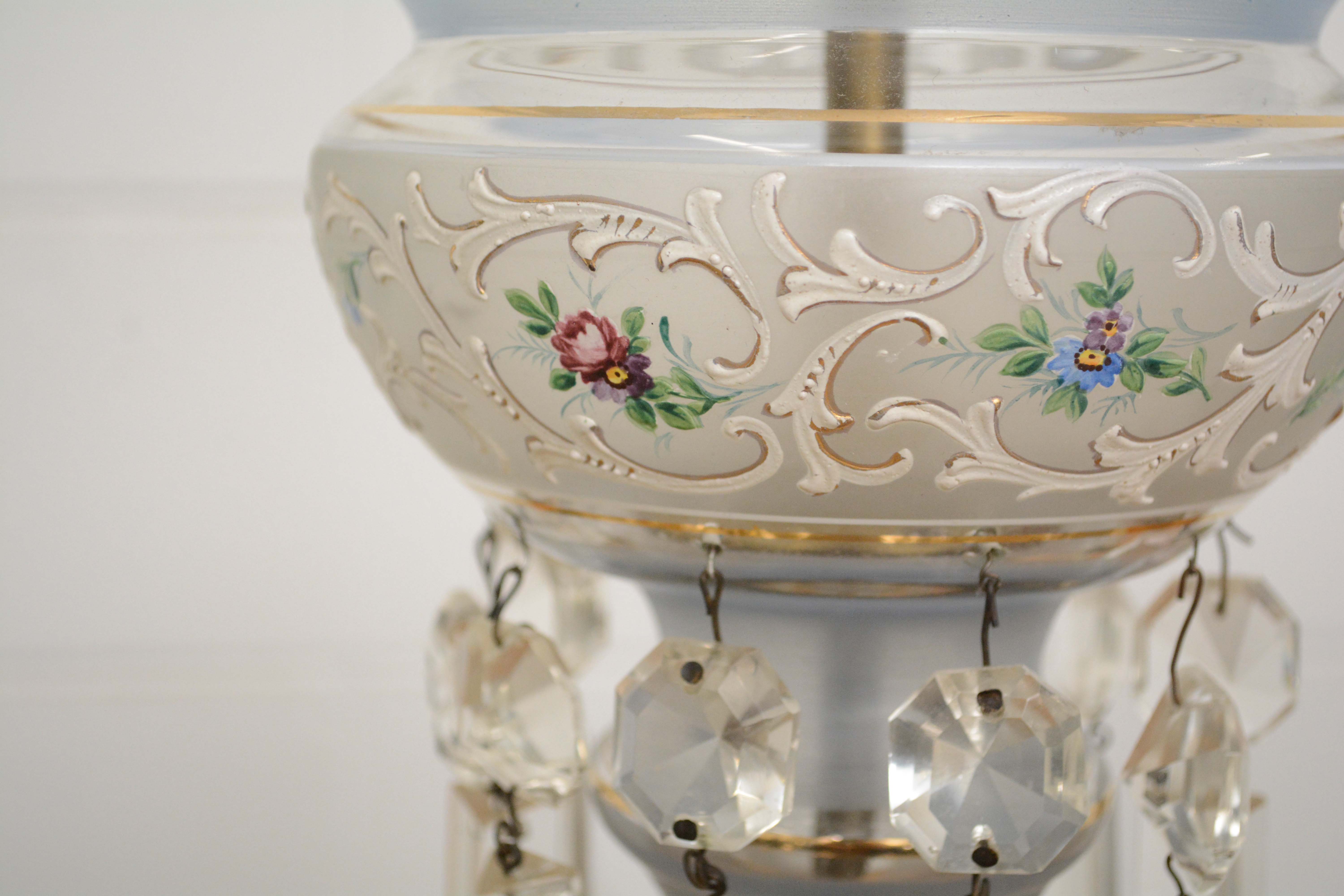 Converted Hand Decorated Glass Mantel Lustre Table Lamps with Crystal Prisms