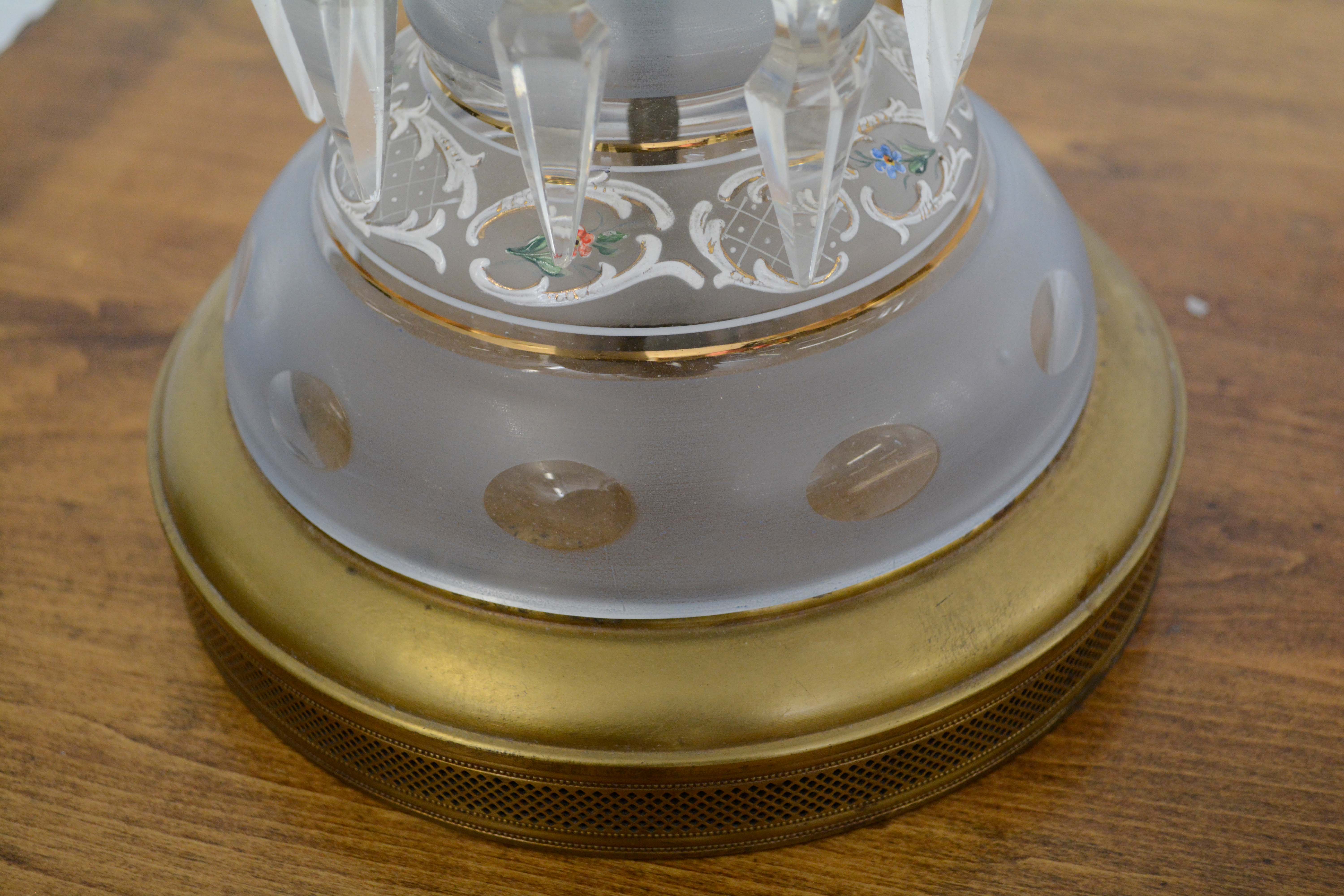 Converted Hand Decorated Glass Mantel Lustre Table Lamps with Crystal Prisms