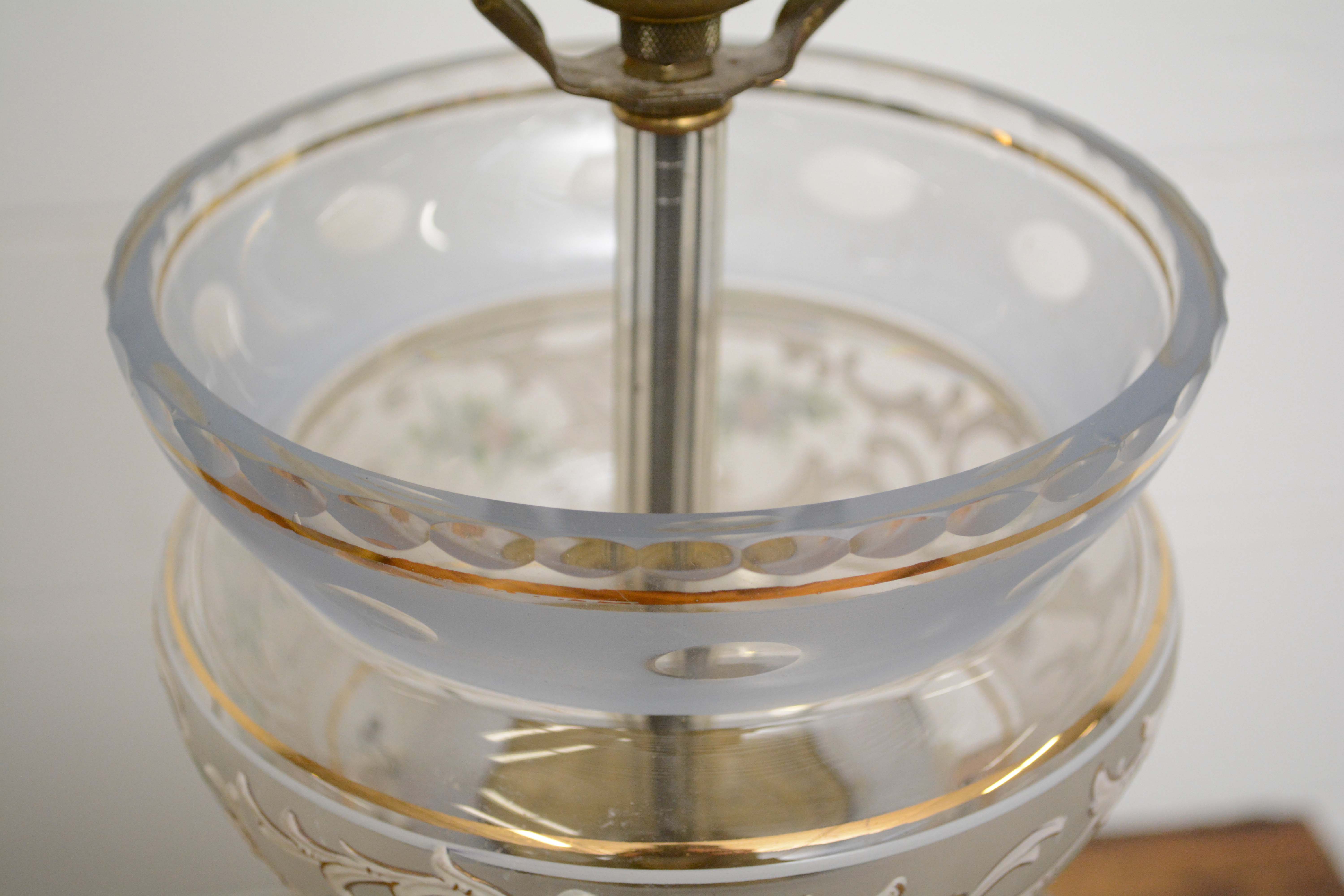 Converted Hand Decorated Glass Mantel Lustre Table Lamps with Crystal Prisms