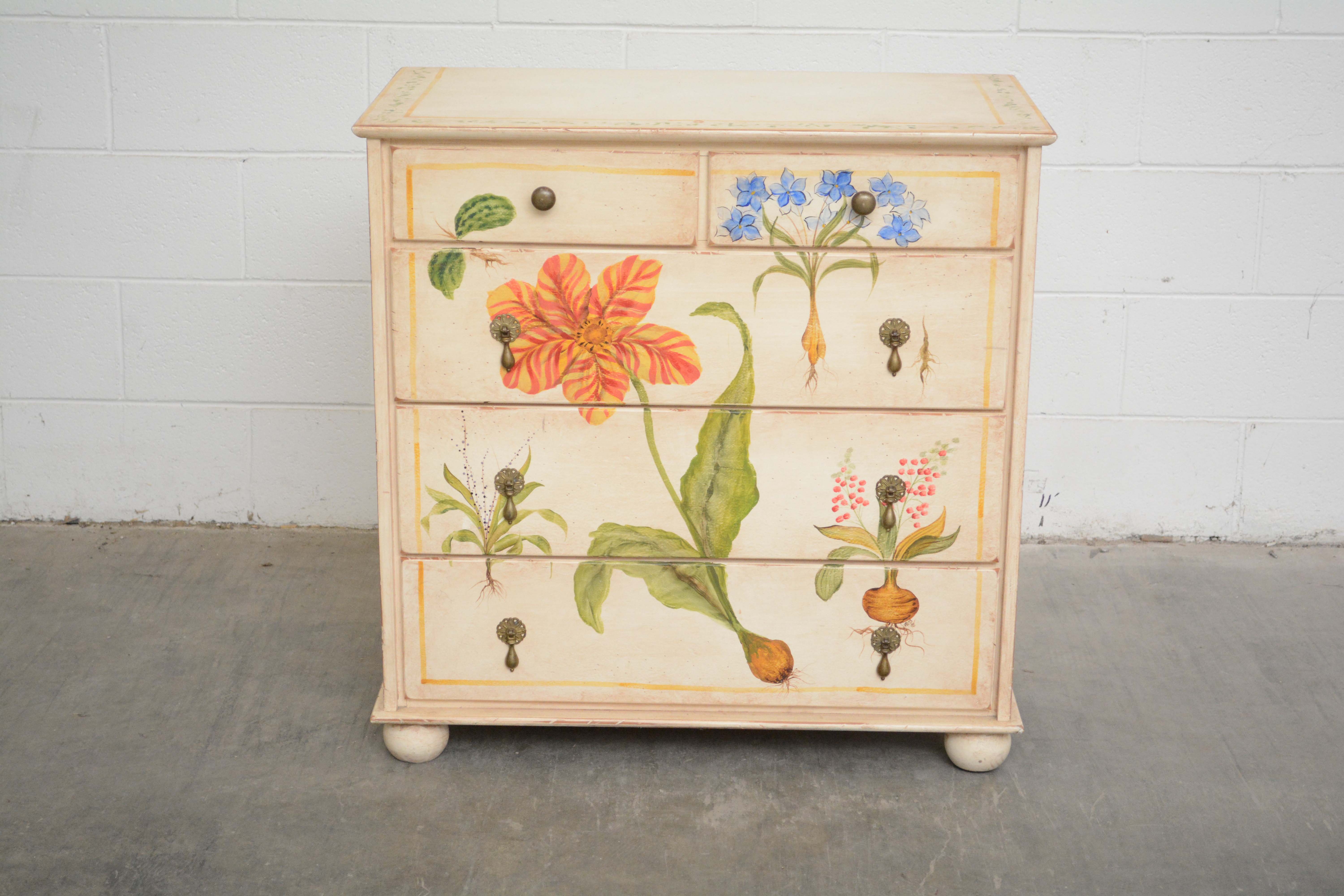 William and Mary Style Cream- and Floral-Painted Chest of Drawers, 20th Century