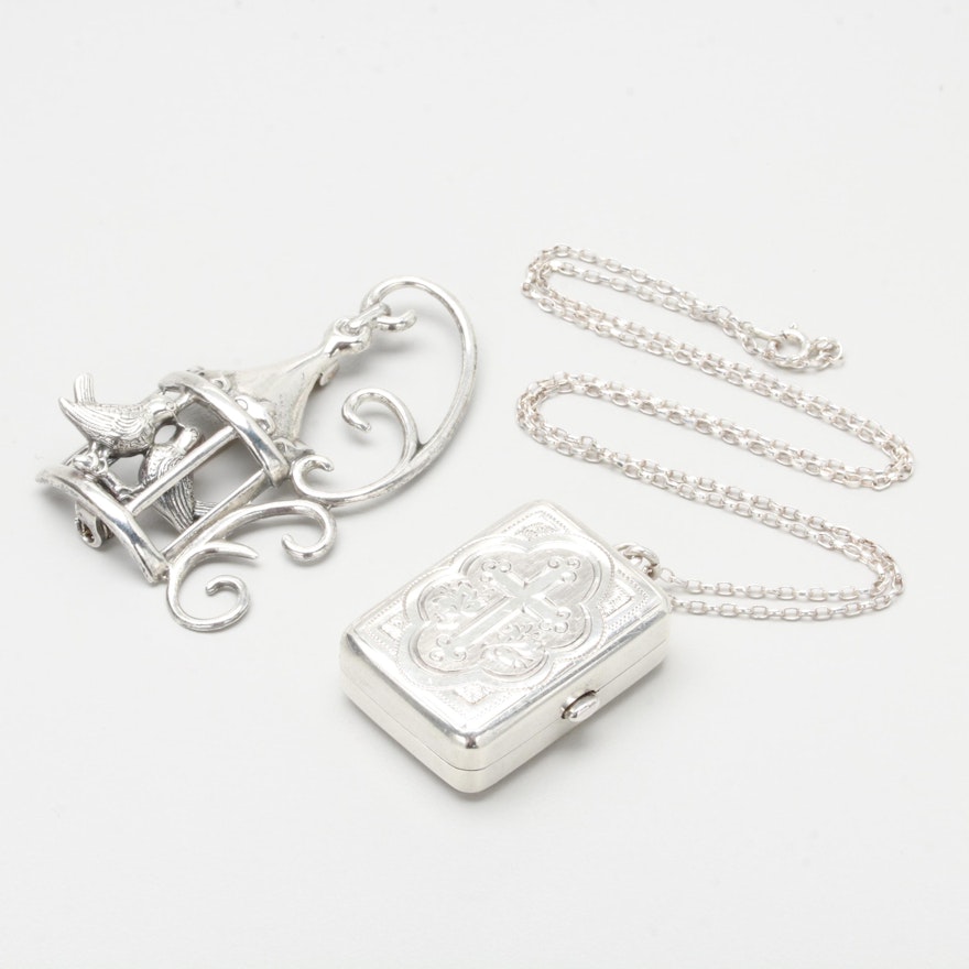 Sterling Silver Pillbox Pendant Necklace and Brooch