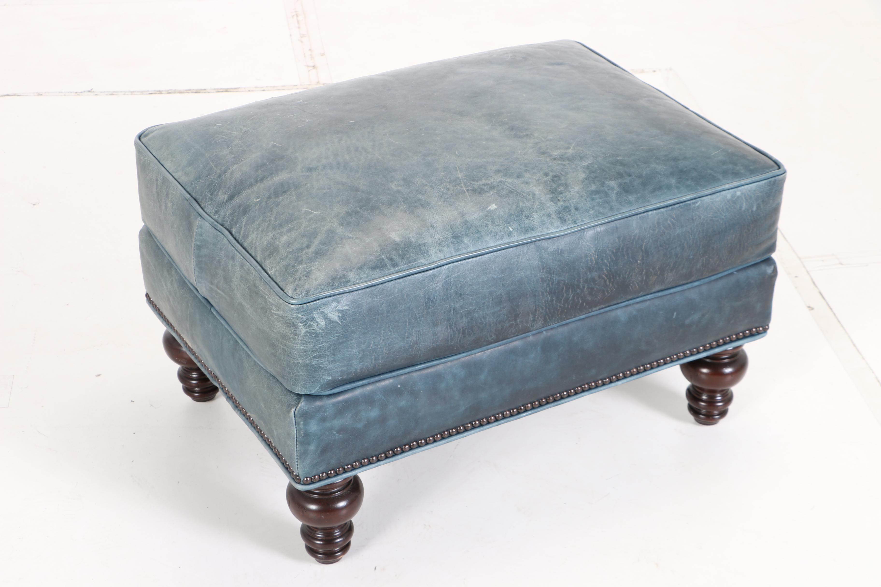 Contemporary Blue Leather Armchair and Ottoman by Tommy Bahama
