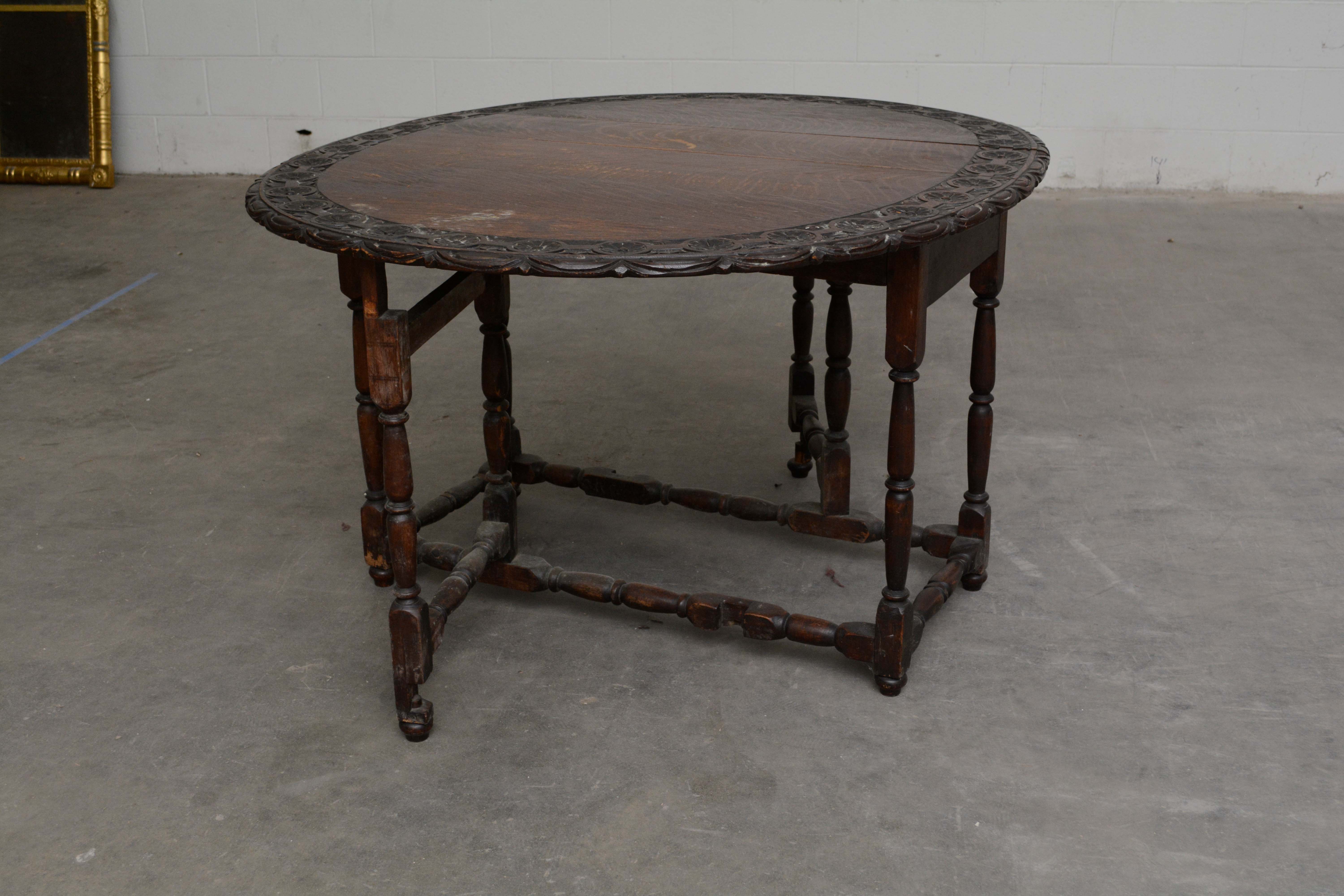 Charles II Style Carved Oak Gate Leg Table, 20th Century