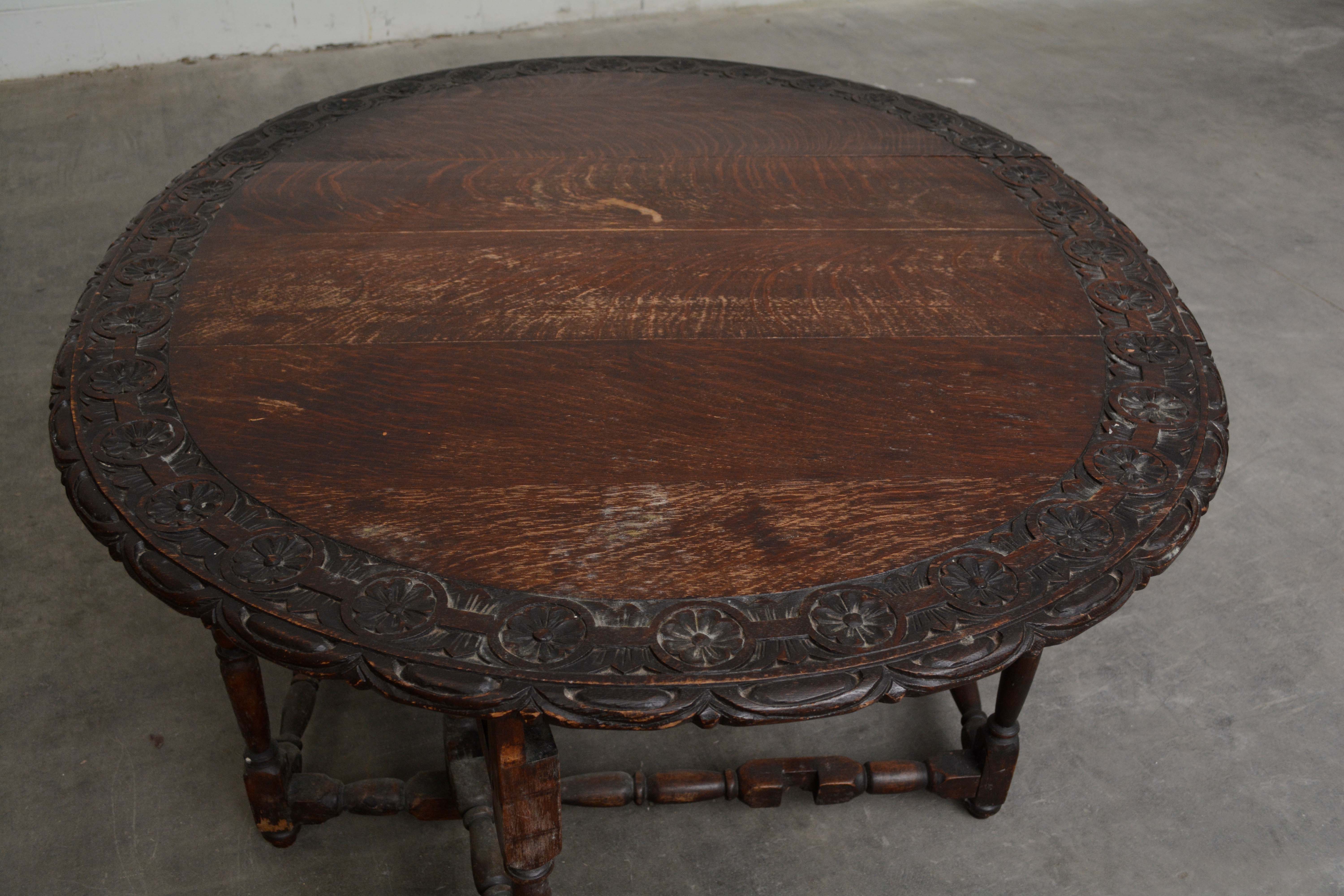 Charles II Style Carved Oak Gate Leg Table, 20th Century