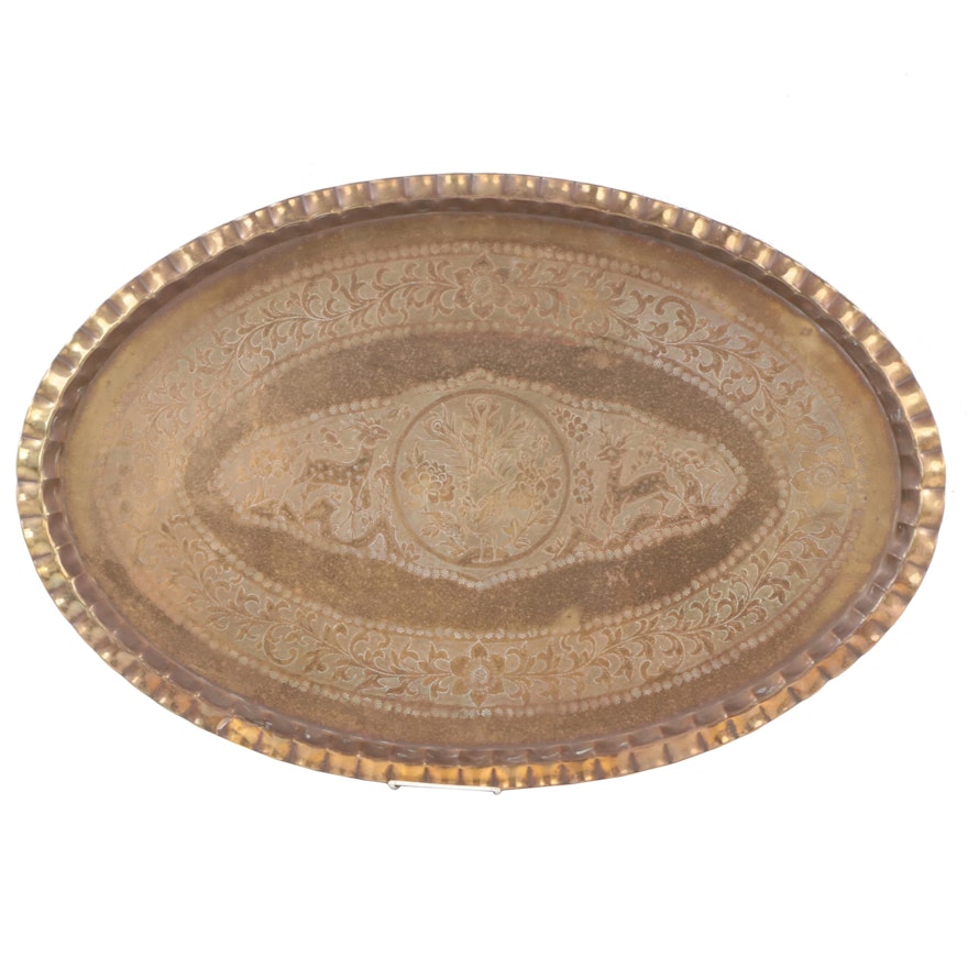 Chinese Etched Brass Tray with Flora and Fauna Motif