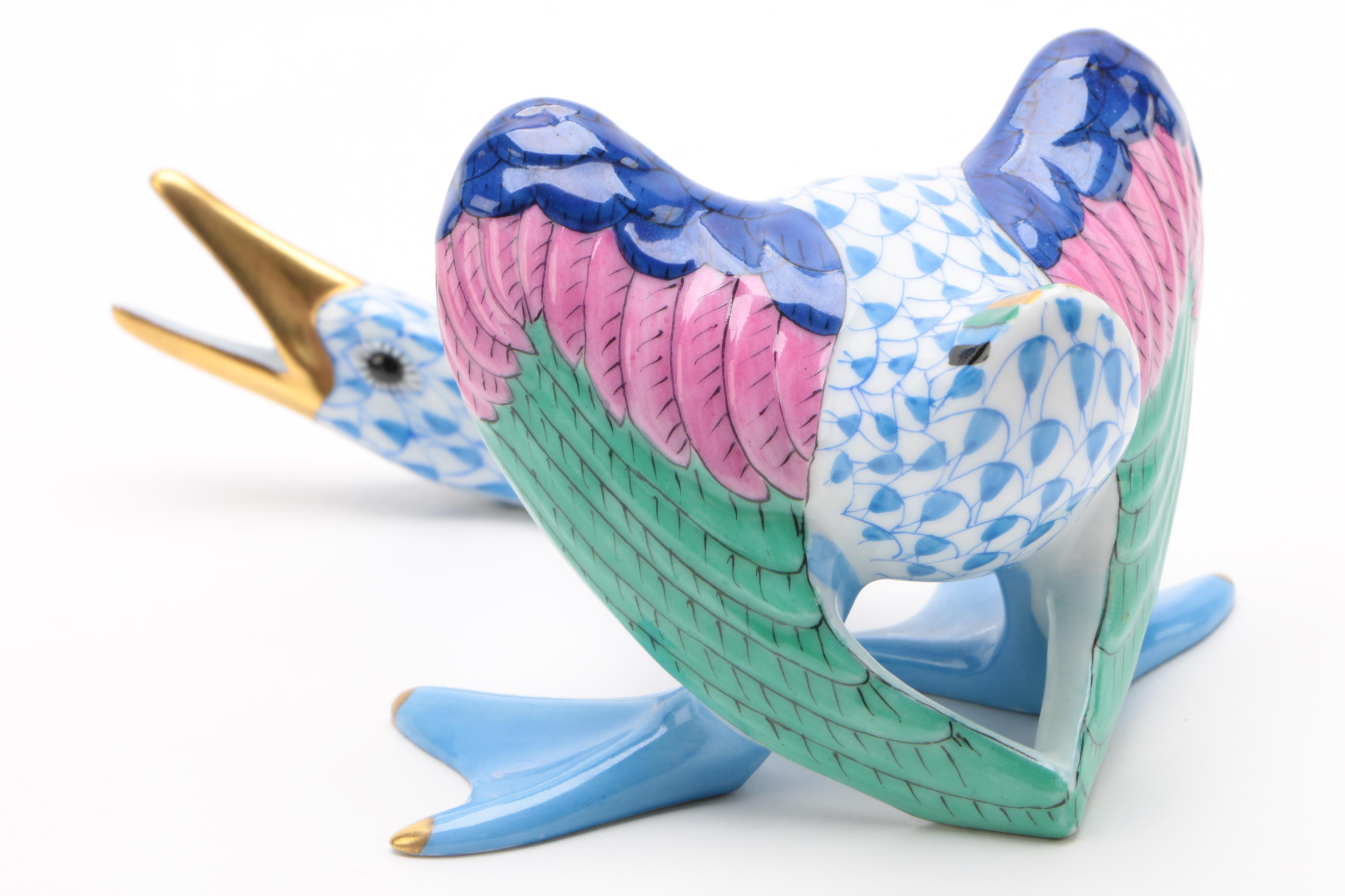 Herend "Honking Goose Blue" Hand-Painted Hungarian Porcelain Figurine