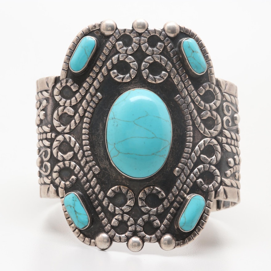 Mexico Esperanza Sterling Silver Repoussé Reconstituted Turquoise Cuff Bracelet