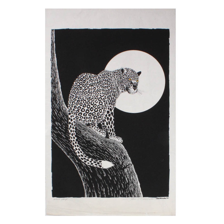 Vintage Large-Scale Woodblock Print of Leopard