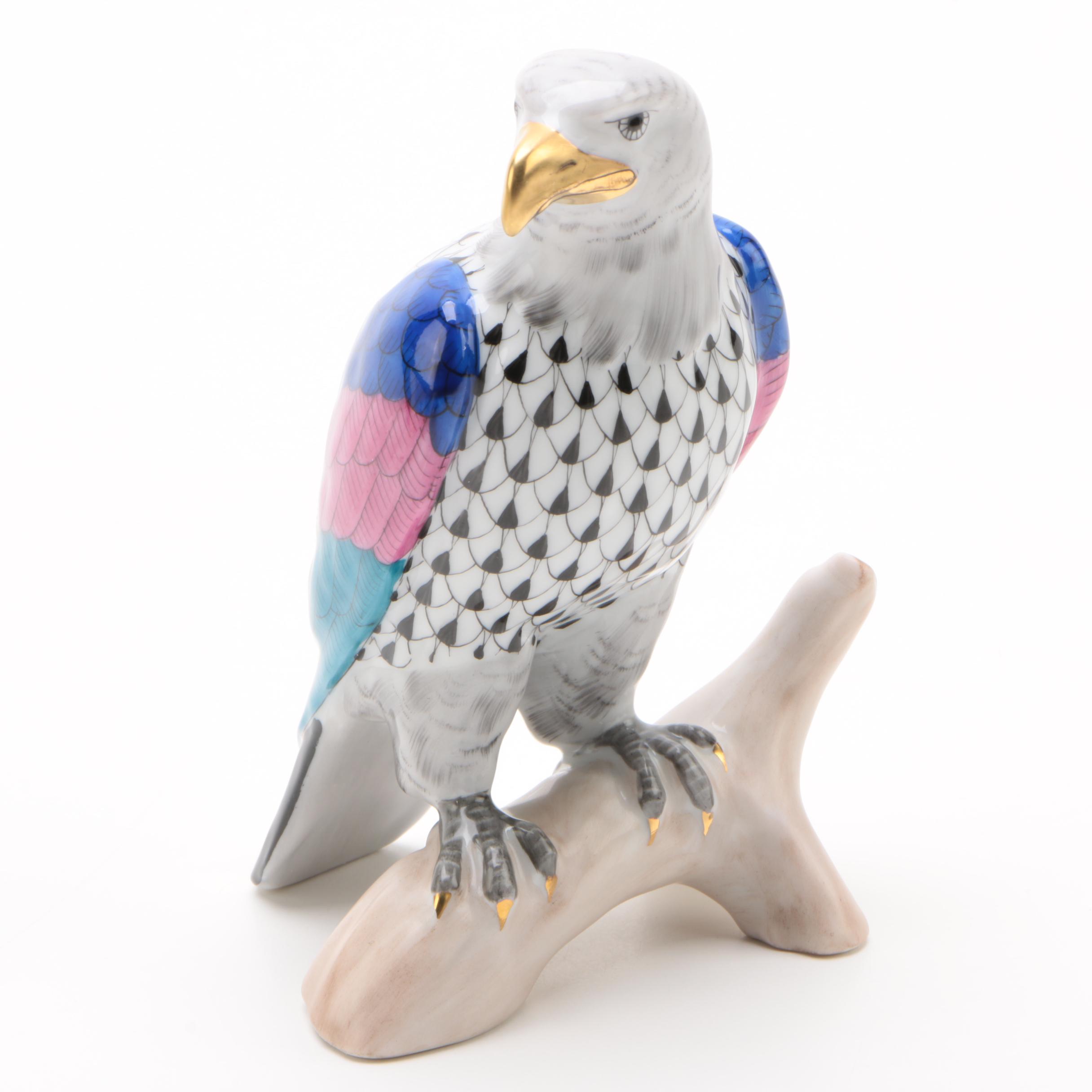 Herend "Bald Eagle Black" Hand-Painted Hungarian Porcelain Figurine with Box