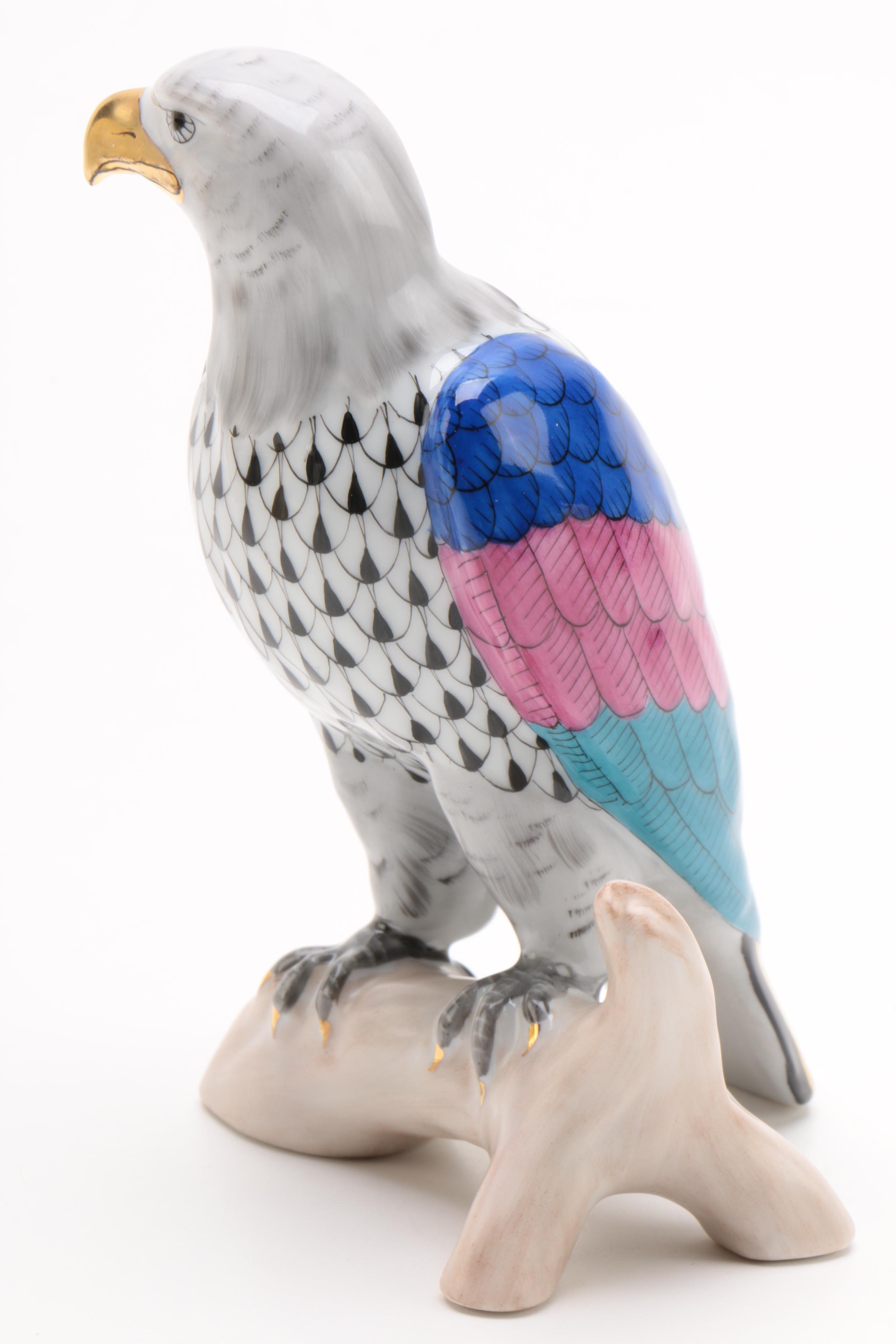 Herend "Bald Eagle Black" Hand-Painted Hungarian Porcelain Figurine with Box