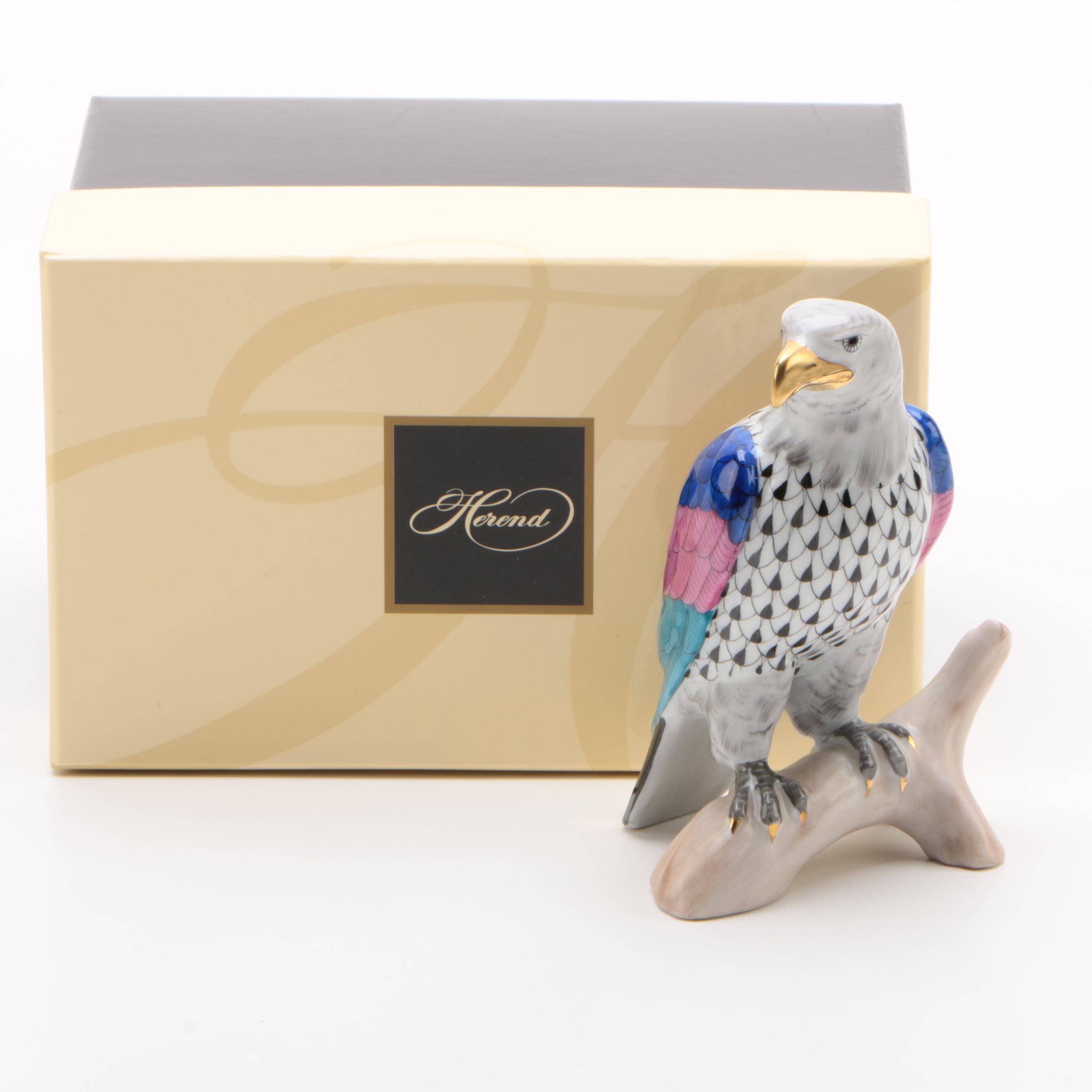 Herend "Bald Eagle Black" Hand-Painted Hungarian Porcelain Figurine with Box