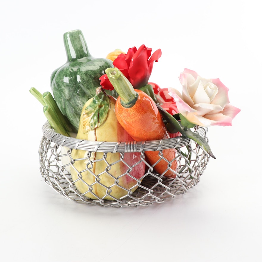 Ceramic Vegetables and Fruit with Flowers in Wire Basket
