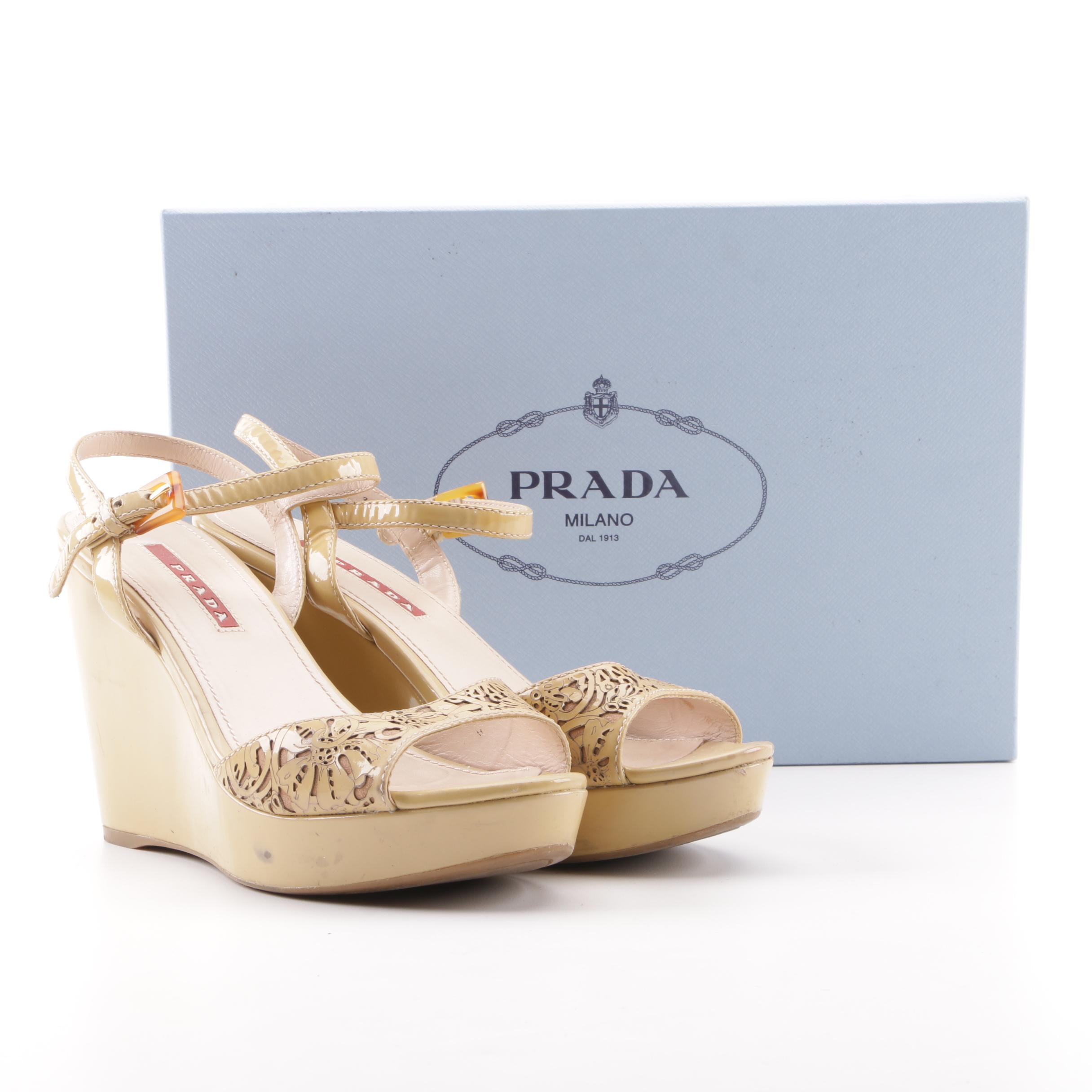 Prada Taupe Patent Leather Wedge Sandals