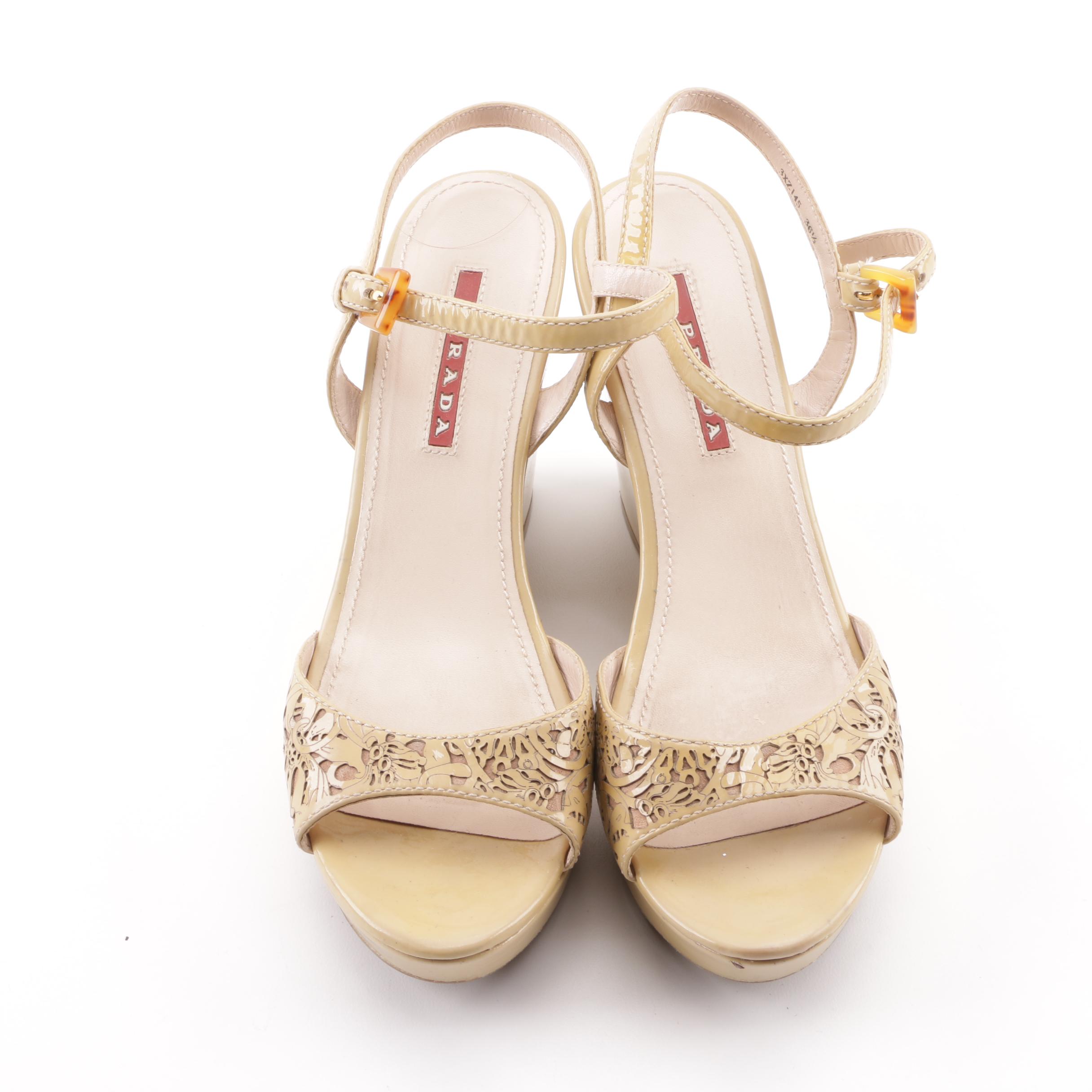 Prada Taupe Patent Leather Wedge Sandals