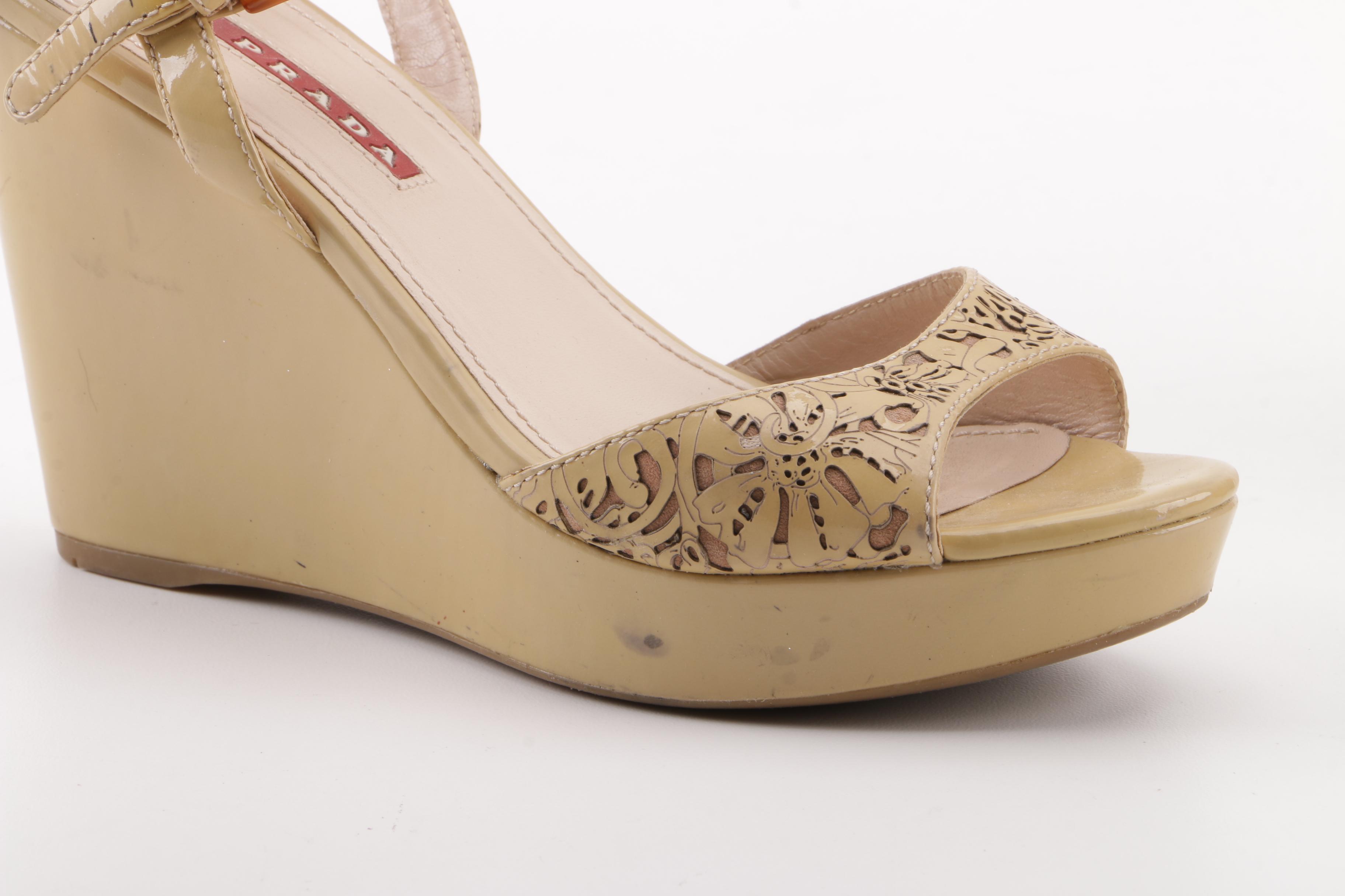 Prada Taupe Patent Leather Wedge Sandals