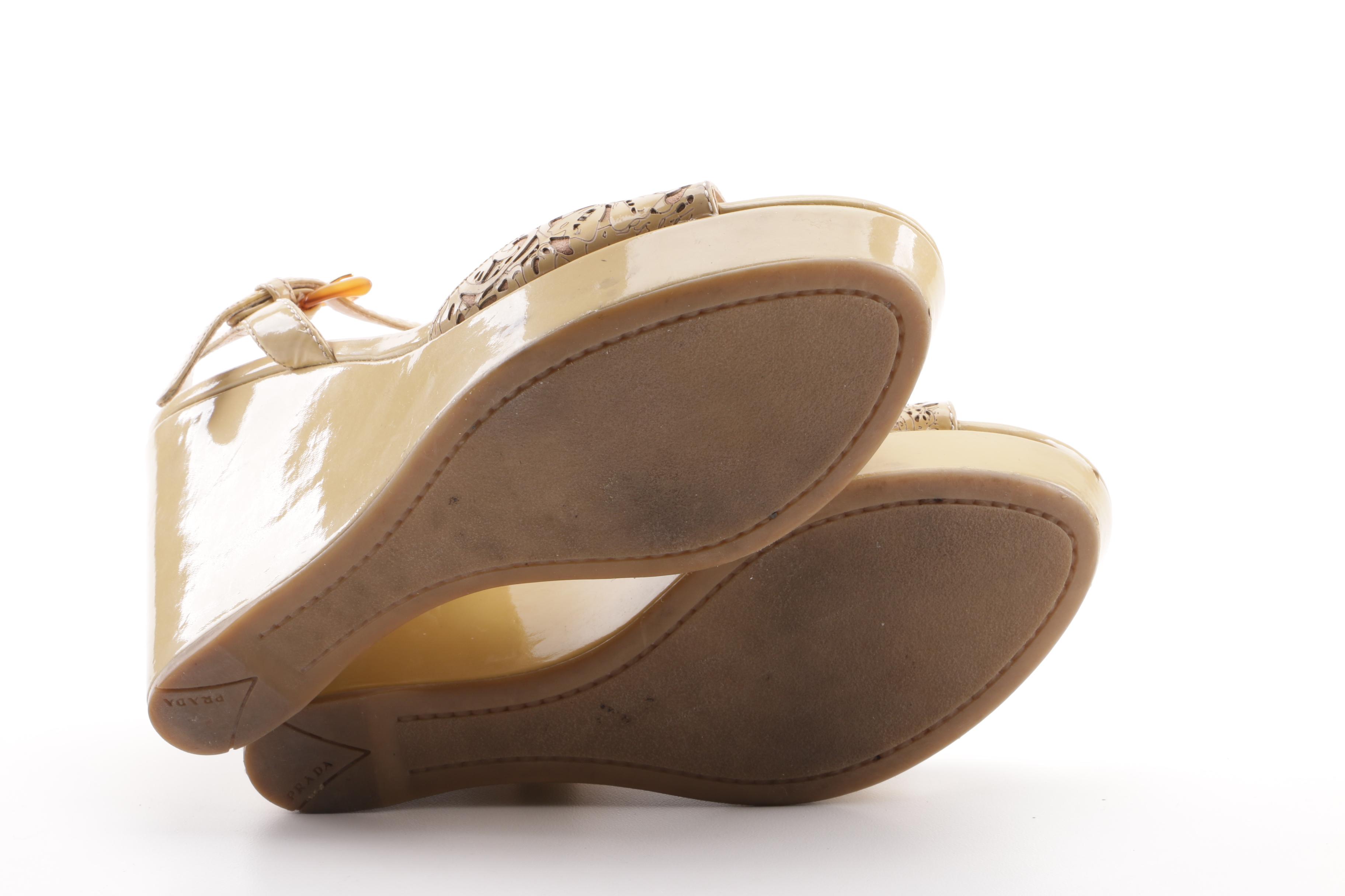 Prada Taupe Patent Leather Wedge Sandals