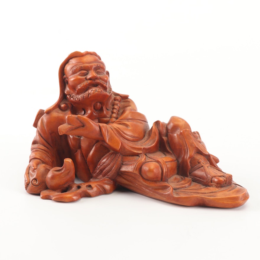 Chinese Carved Wood Sculpture of Reclining Monk