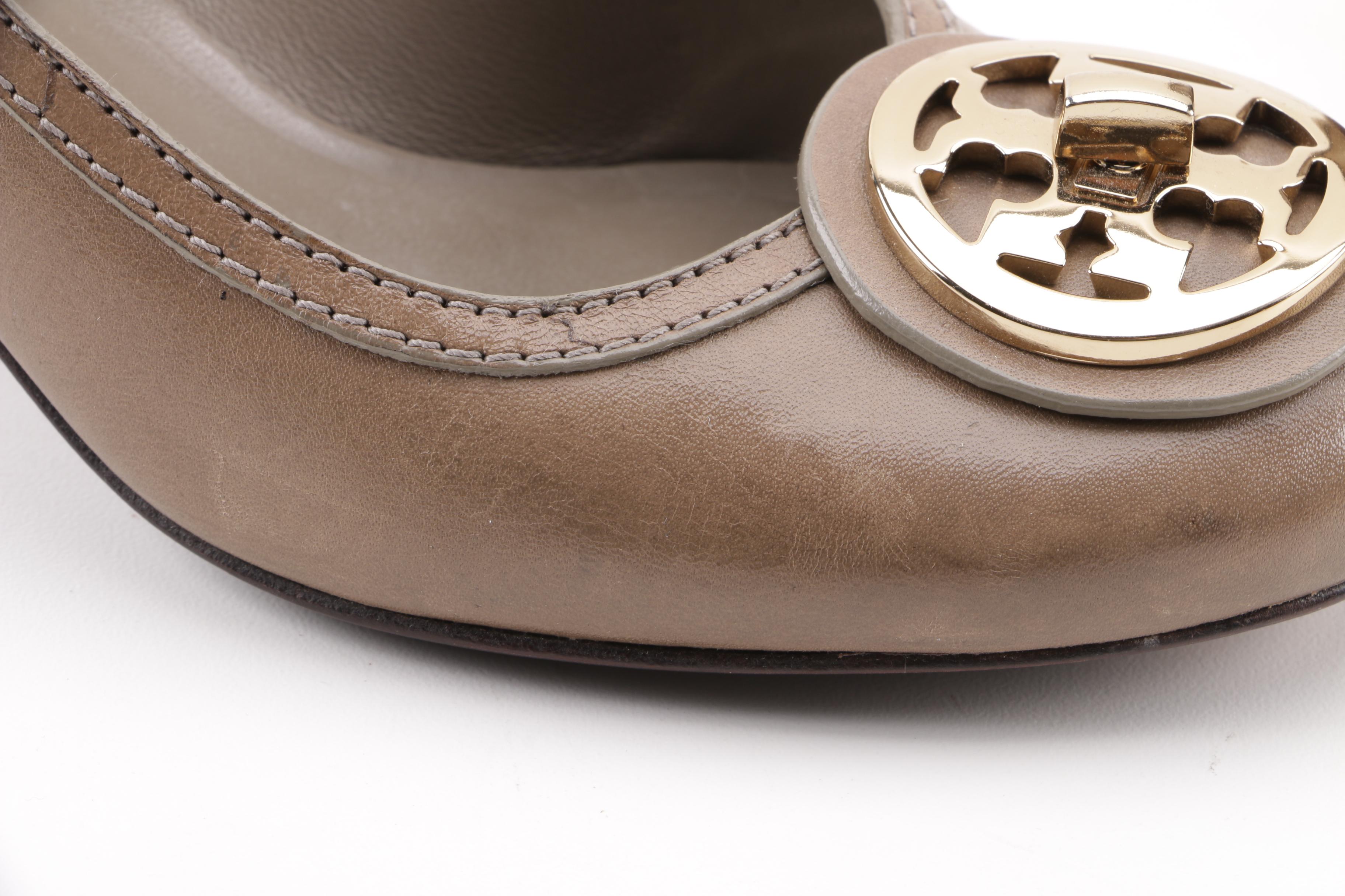 Women's Tory Burch Taupe Leather Turnlock Pumps