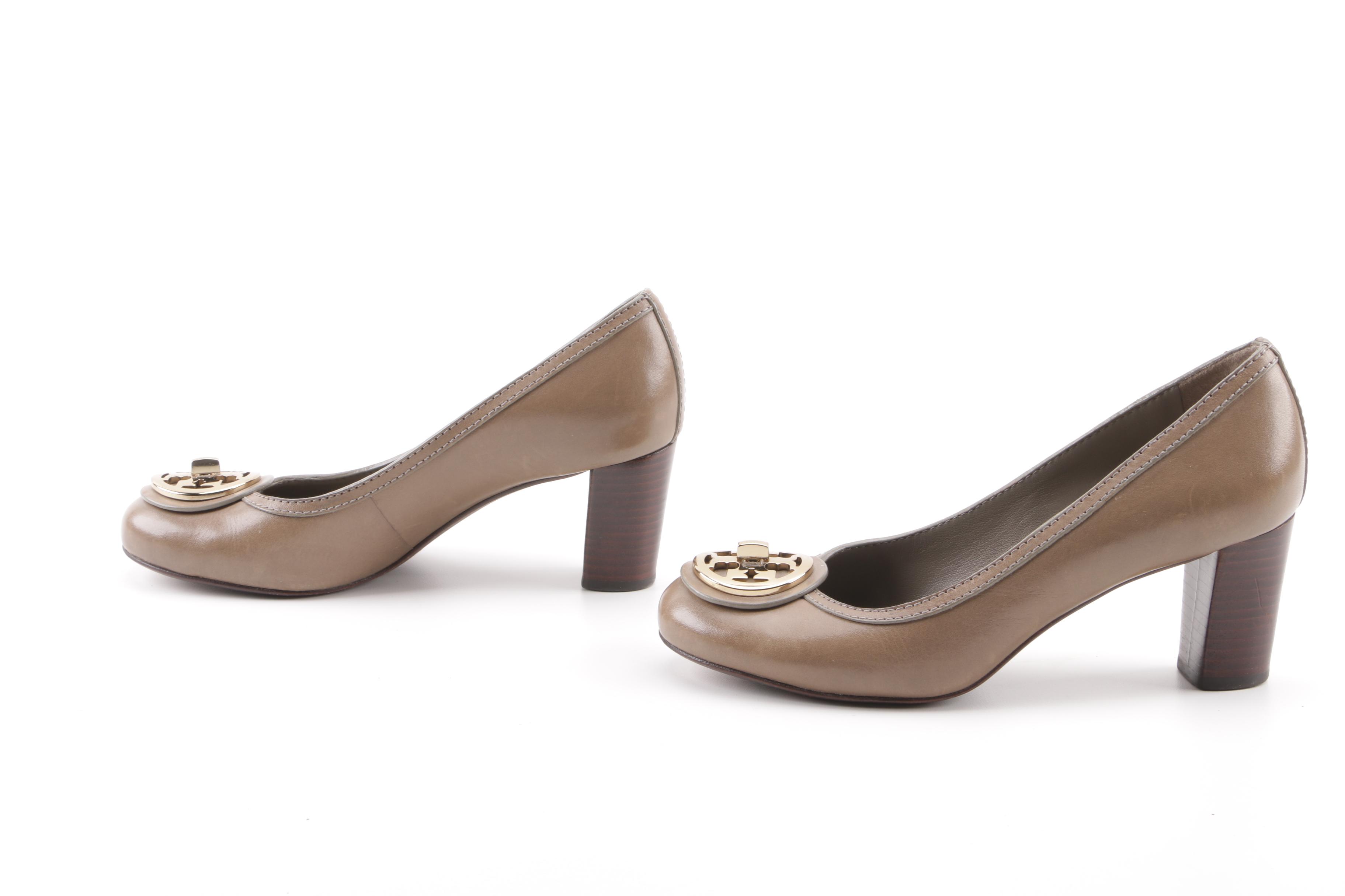 Women's Tory Burch Taupe Leather Turnlock Pumps