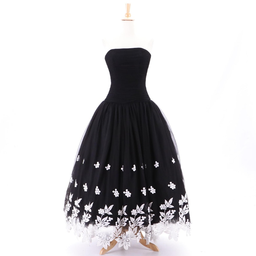 Chris Kole Black Tulle Strapless Evening Gown with White Foliate Embroidery