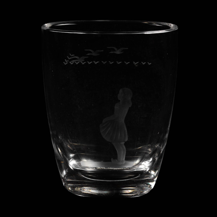 Orrefors Girl With Seagulls Etched Crystal Vase