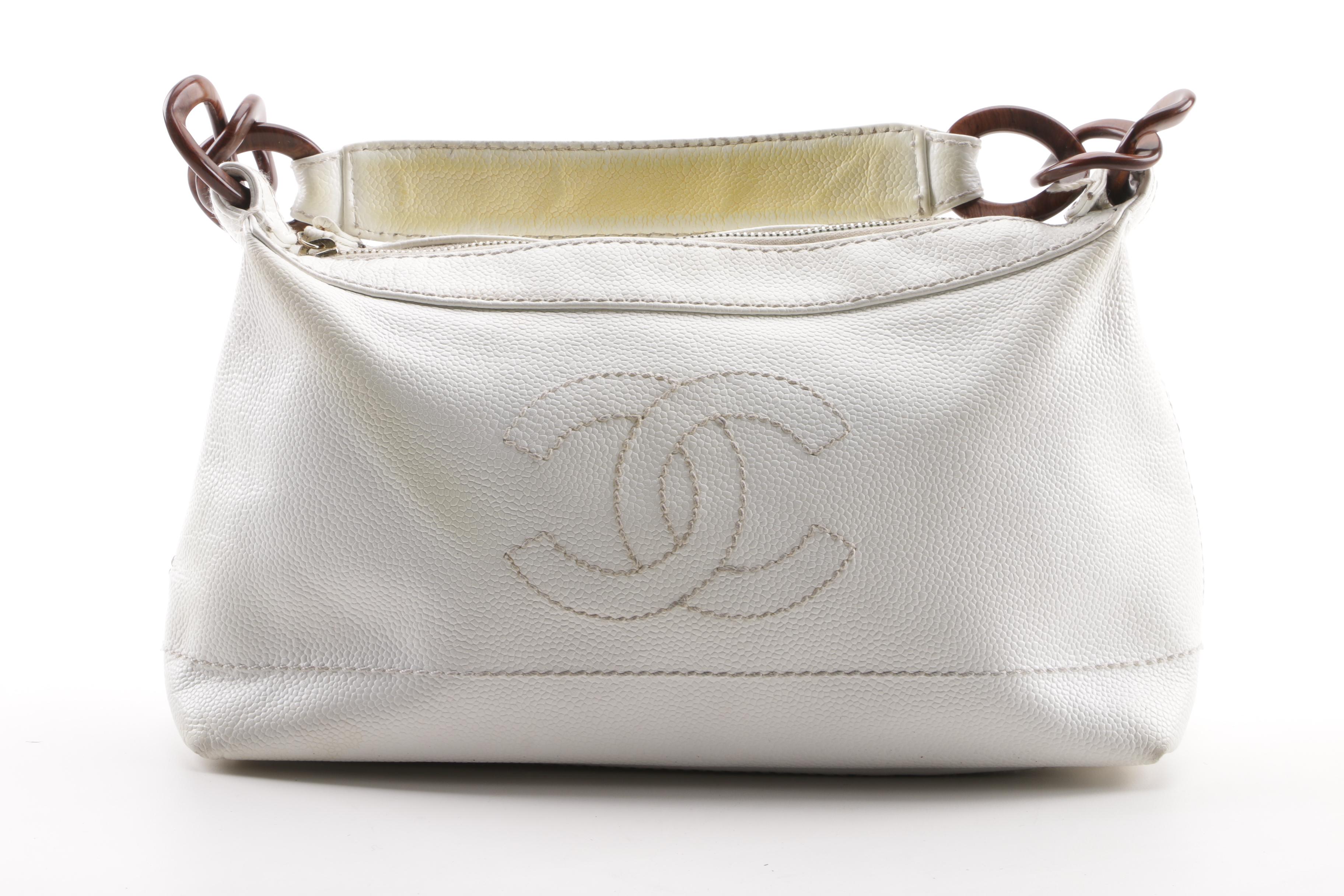 Chanel White Caviar Leather CC Wood Chain Hobo Bag