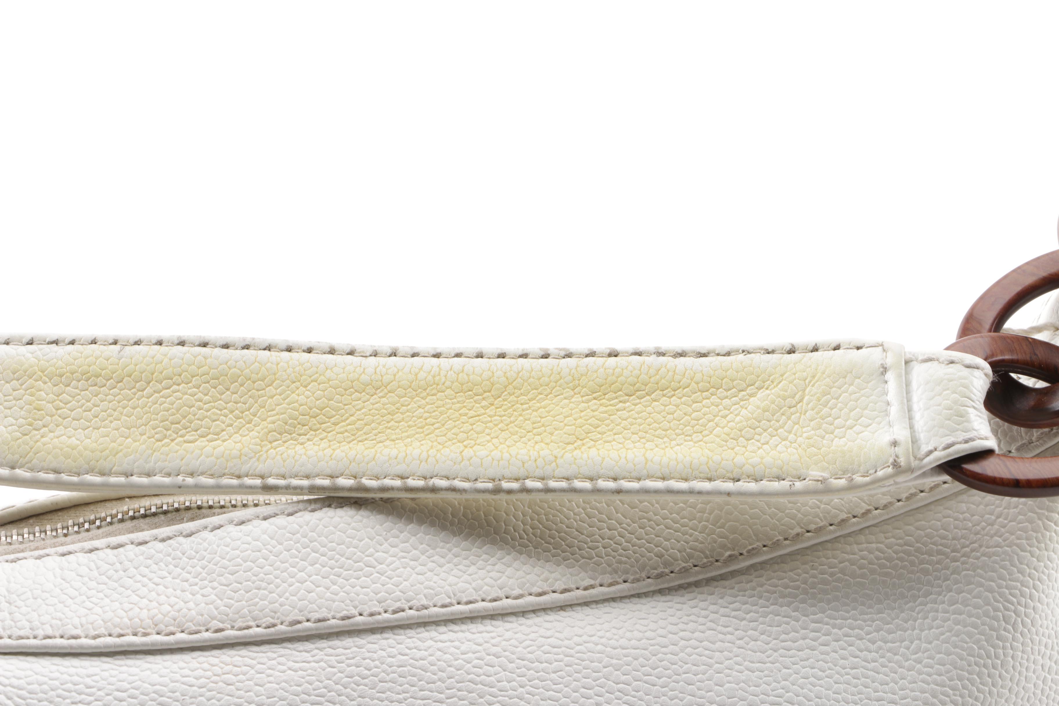 Chanel White Caviar Leather CC Wood Chain Hobo Bag