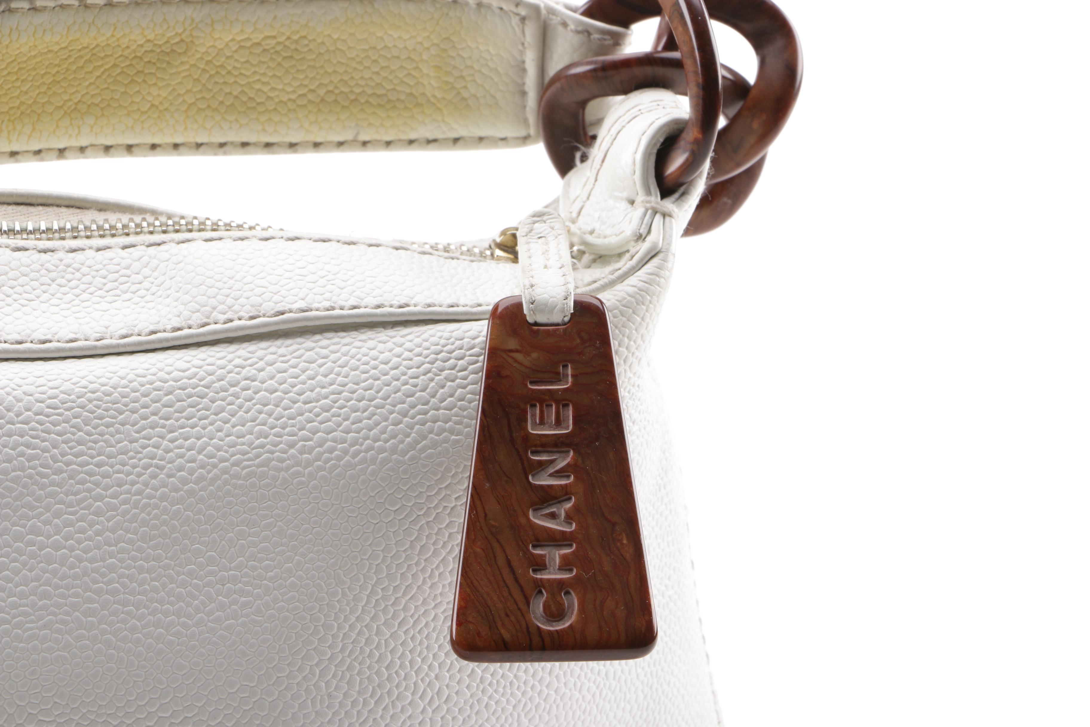 Chanel White Caviar Leather CC Wood Chain Hobo Bag