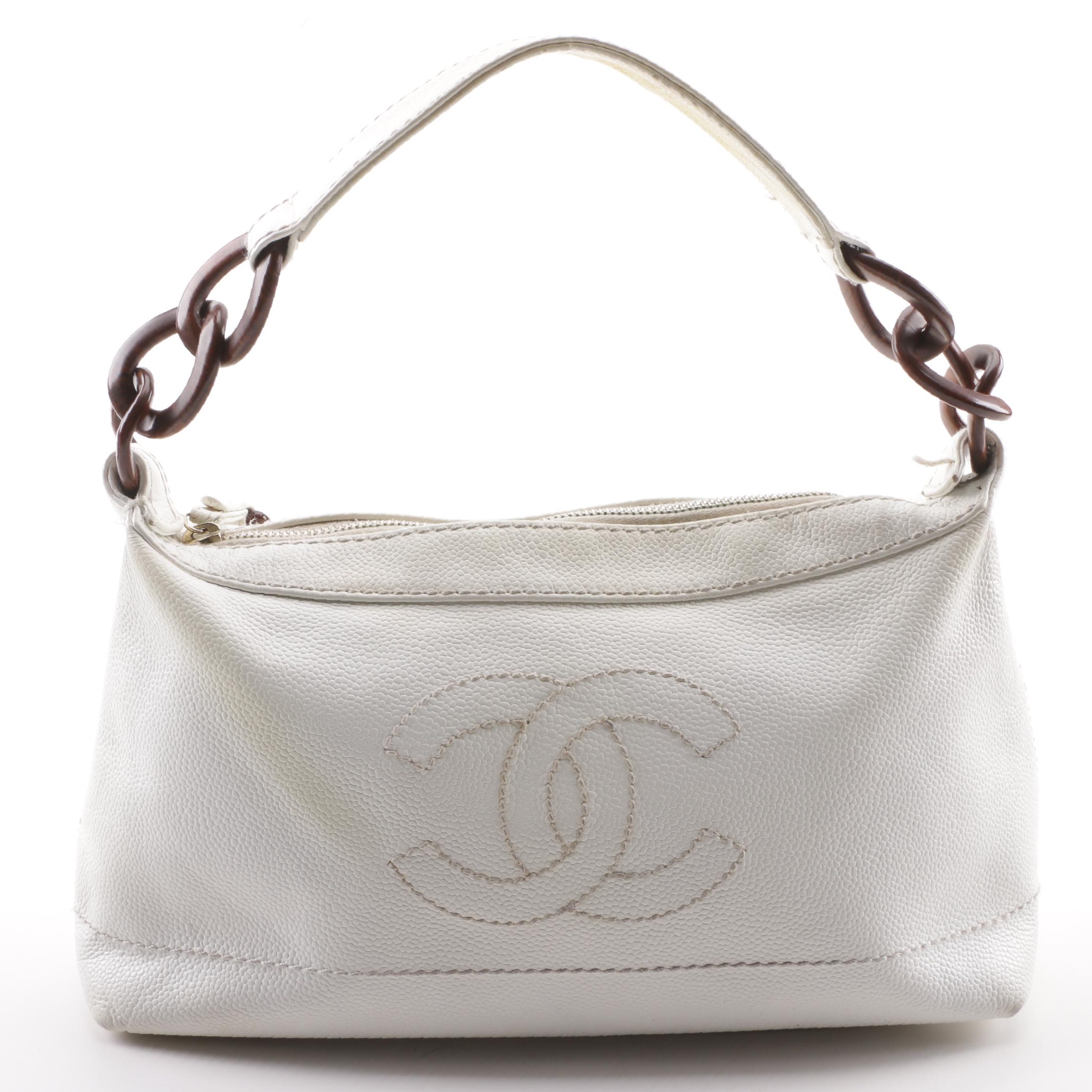 Chanel White Caviar Leather CC Wood Chain Hobo Bag