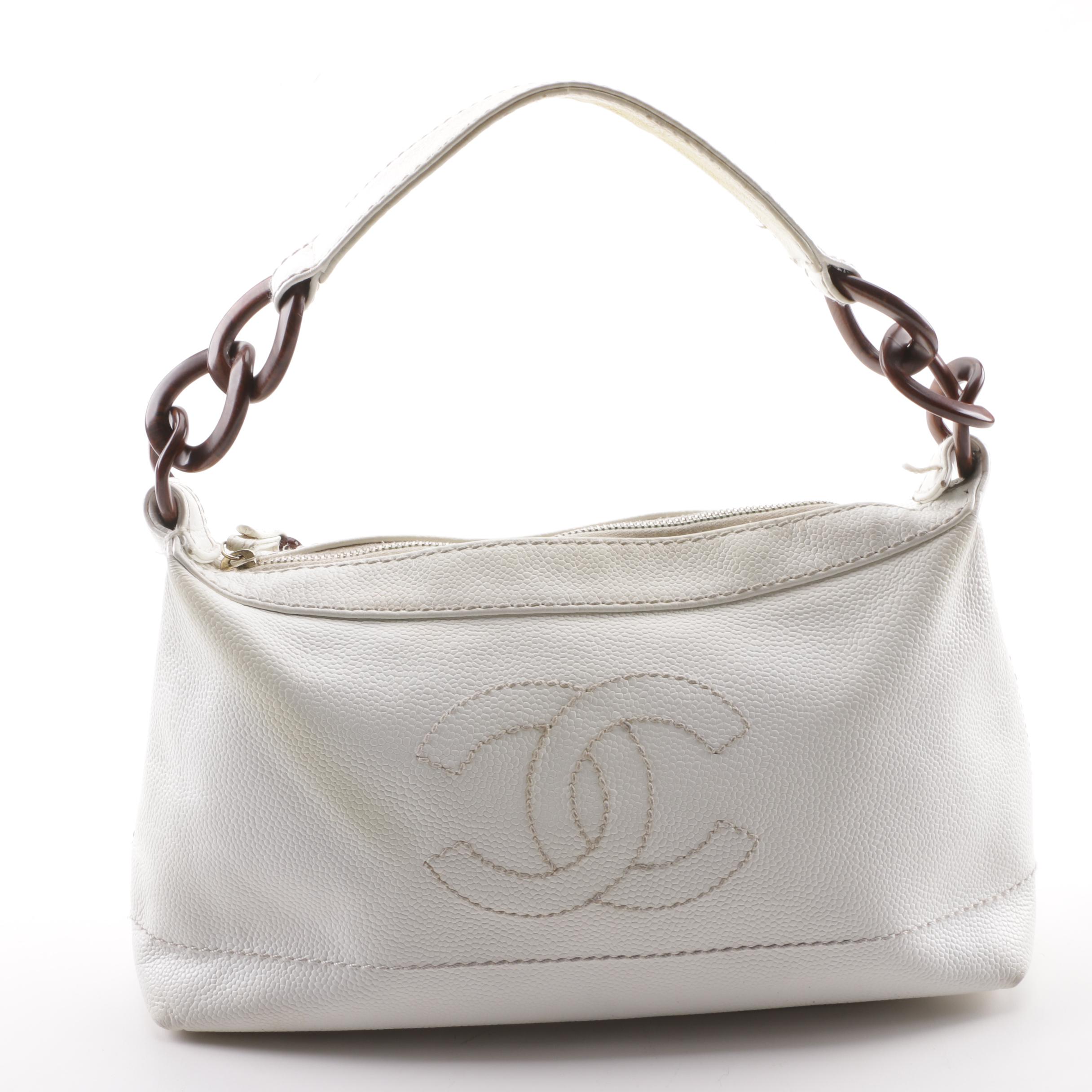 Chanel White Caviar Leather CC Wood Chain Hobo Bag