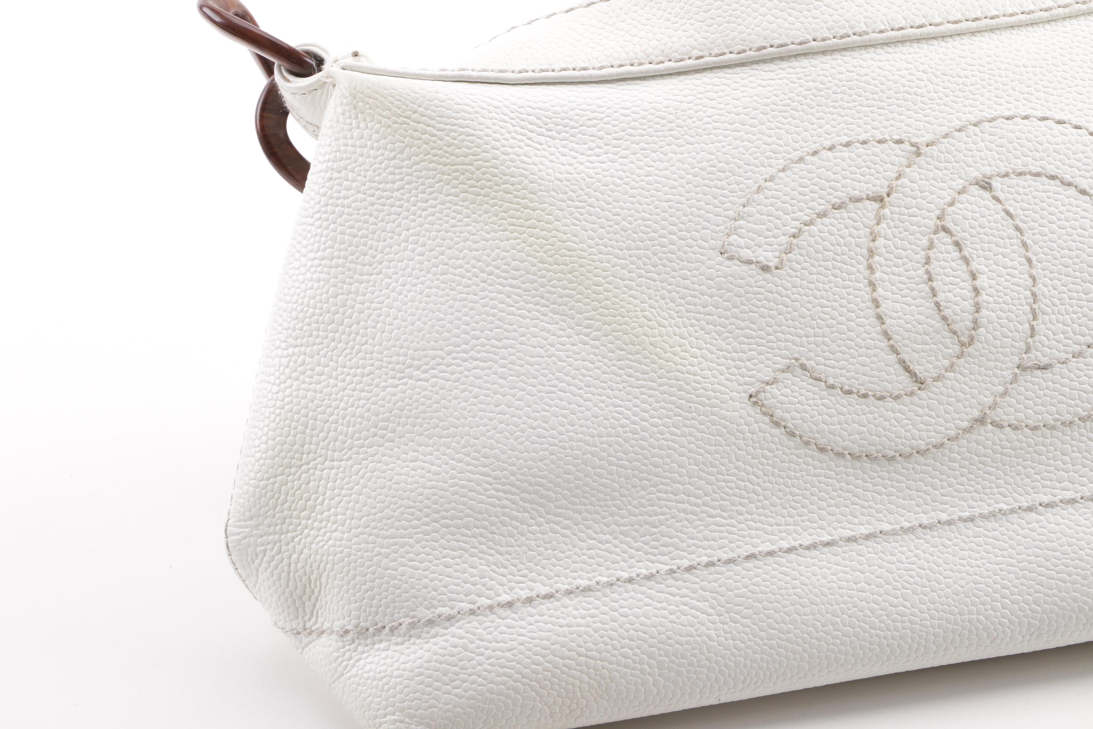 Chanel White Caviar Leather CC Wood Chain Hobo Bag