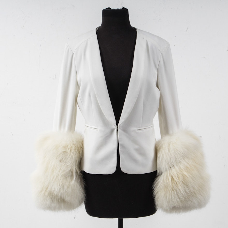 Women's Saint Tropez White Jacket with Fox Fur Cuffs