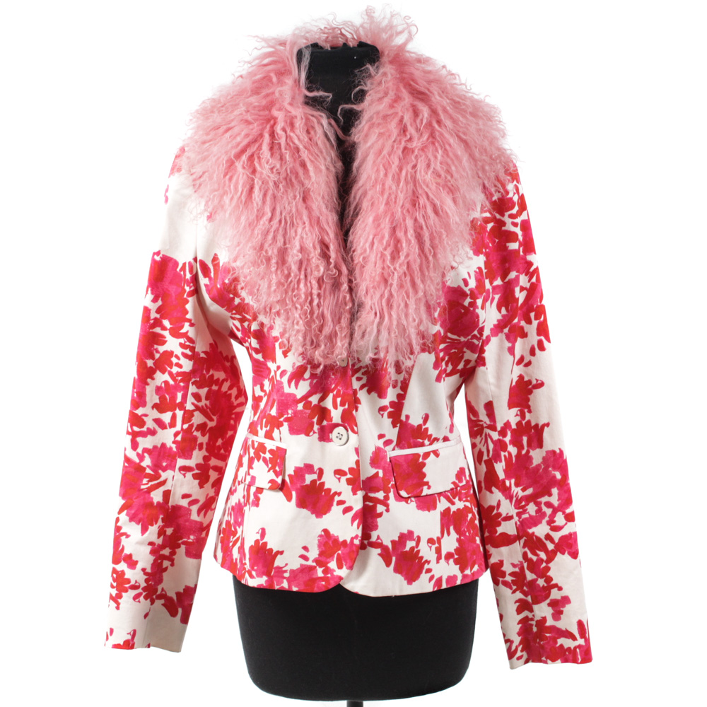 Women's Patterned Pink and White Jacket with Dyed Mongolian Lamb Fur Collar