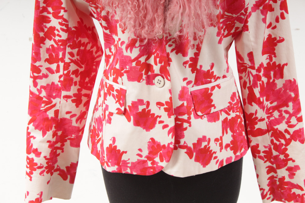 Women's Patterned Pink and White Jacket with Dyed Mongolian Lamb Fur Collar