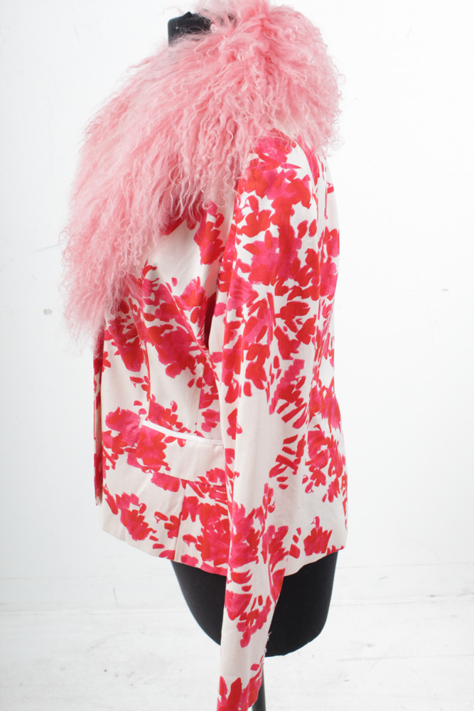 Women's Patterned Pink and White Jacket with Dyed Mongolian Lamb Fur Collar