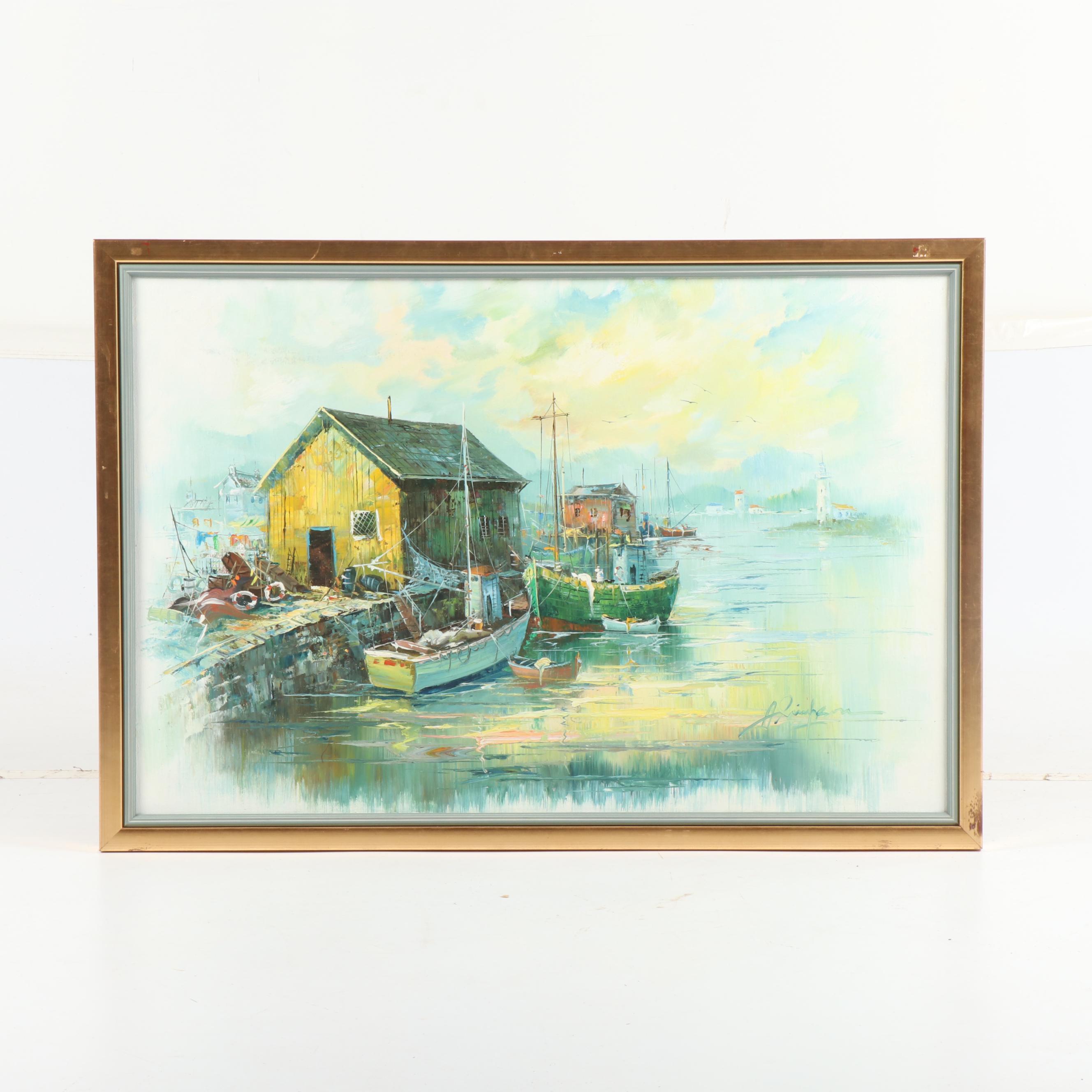 A. Simpson Oil Painting of Harbor Scene